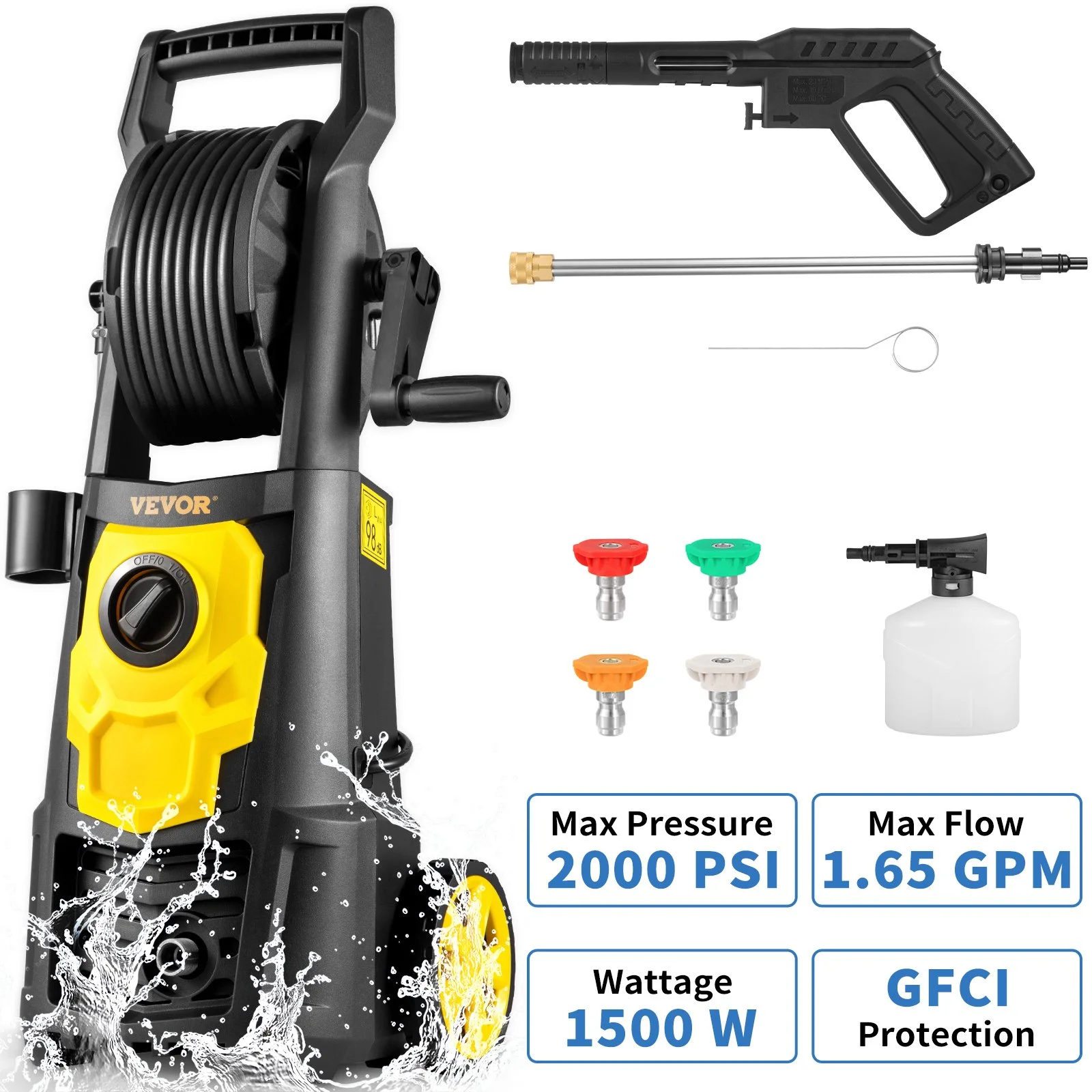 Electric Pressure Washer, 2000 PSI, Max 1.65 GPM Power Washer with 30 ft Hose & Reel, 5 Quick Connect Nozzles, Foam Cannon, Portable to Clean Patios, Cars, Fences, Driveways, ETL Listed - Image 5
