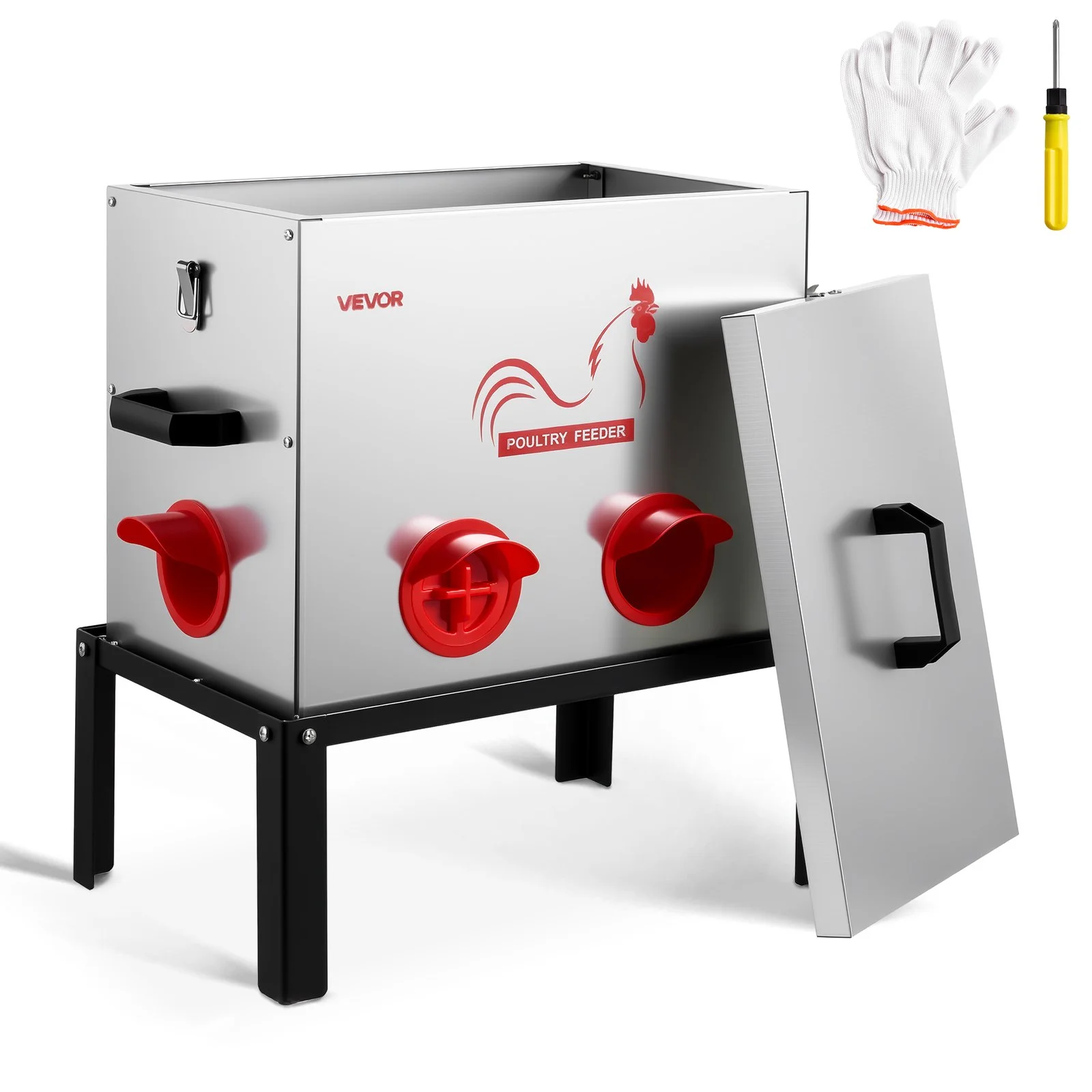 Automatic Chicken Feeder, 40 lbs Capacity, 6 Feeding Ports No-Waste Poultry Feeder with Built-In Divider, with Latch & Handle, Metal Construction, for Chickens Bantams Pheasants Poultry Coop