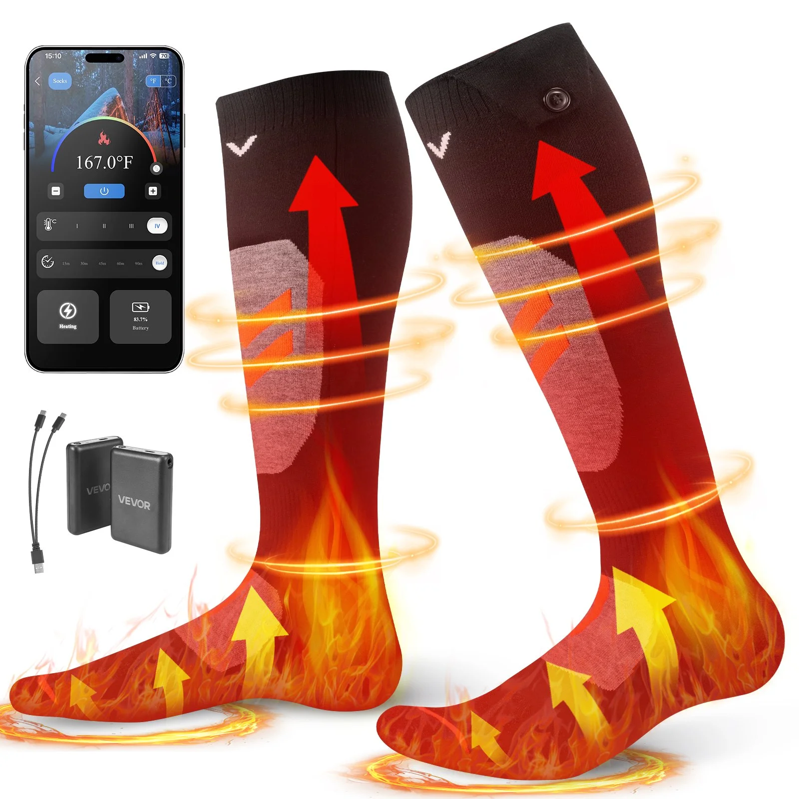 Heated Socks, X-Large Size, 5000mAh Battery Rechargeable Heating Socks with 4 Heating Levels, Electric Heated Sock with APP Control for Men Women, Foot Warmer for Hunting Riding Camping Hiking