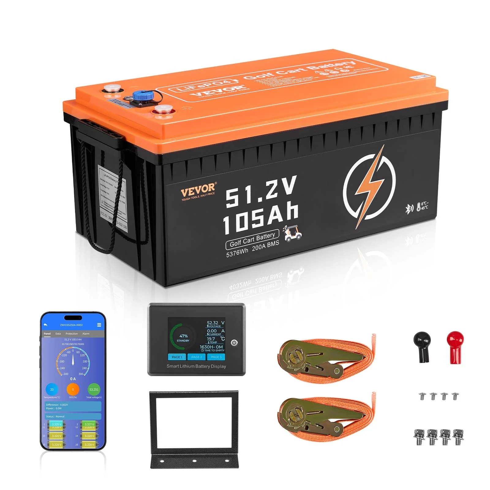 48V 105Ah Golf Cart Lithium Battery, 48 Volt Golf Cart Battery with 200A BMS, LCD Monitor and Mobile APP, LiFePO4 Battery with 600A Peak Current, ABS Shell and 4000+ Cycles, for Golf Carts