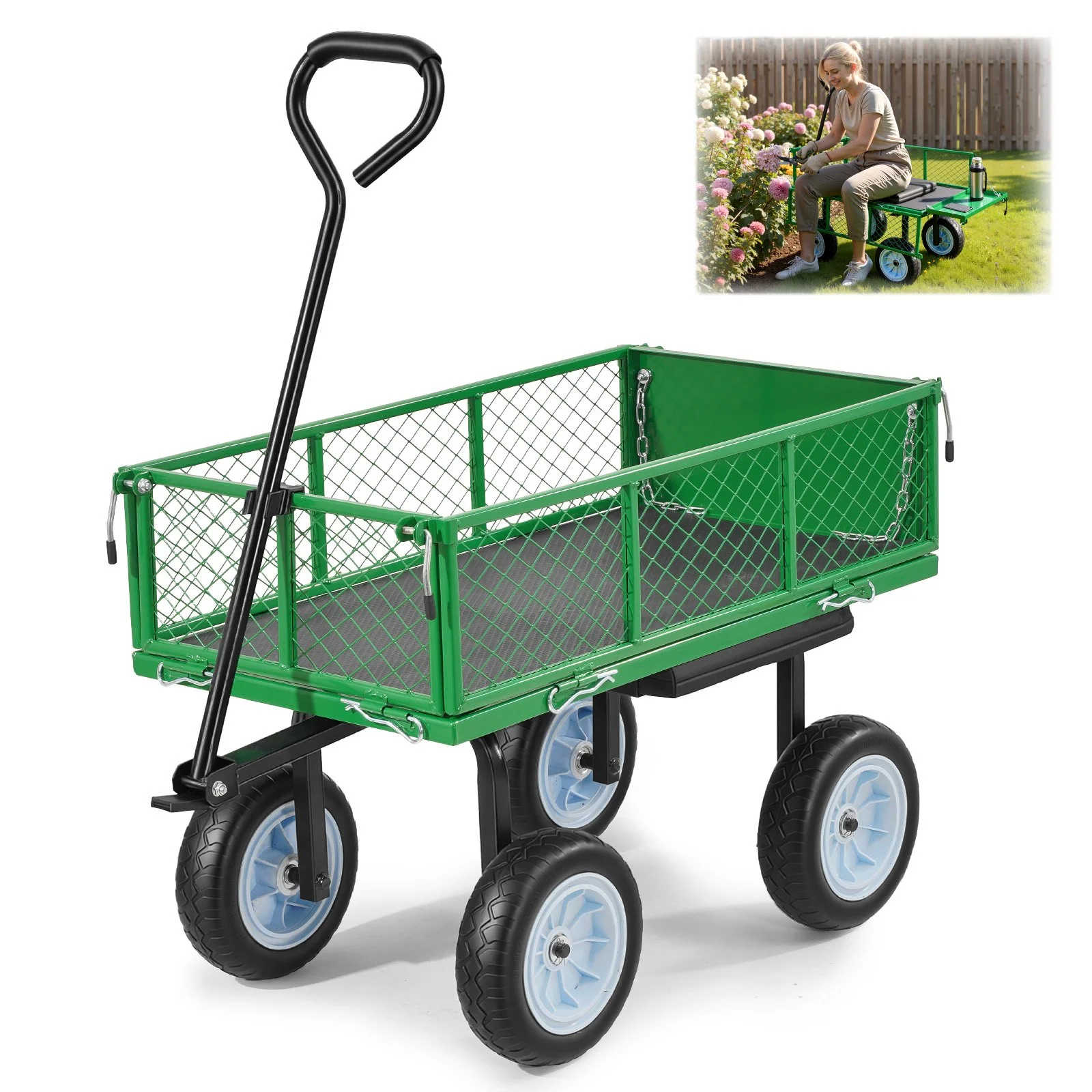 Garden Cart with Seat, 500 LBS, Rolling Steel Garden Work Seat with Wheels, Heavy Duty Gardening Stool, with Tool Tray & Adjustable Handle, Outdoor Yard Wagon, for Lawn, Patio, Backyard, Green