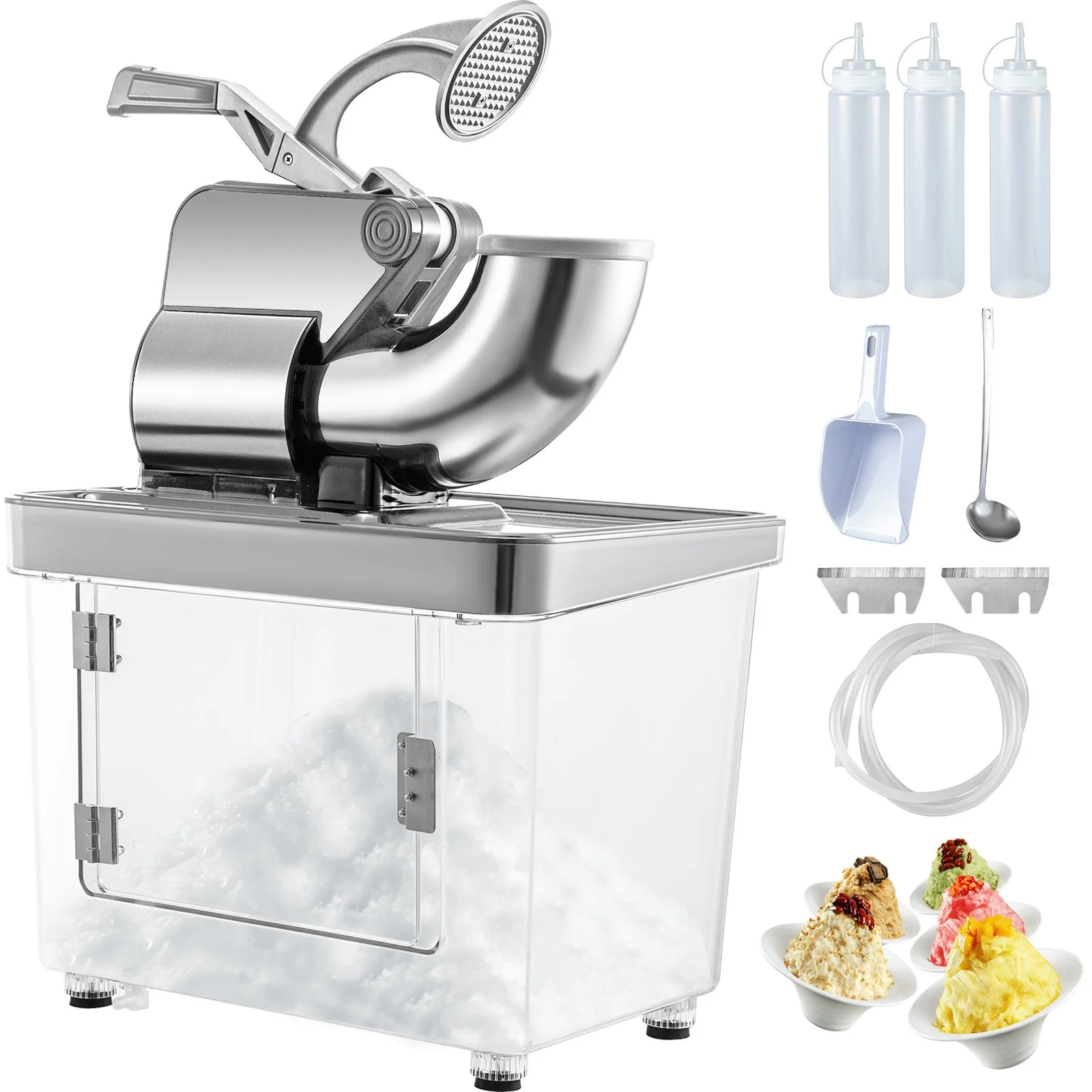 110V Commercial Ice Crusher 440LBS/H, ETL Approved 300W Electric Snow Cone Machine with Dual Blades, Stainless Steel Shaved Ice Machine with Safety On/Off Switch for Family, Restaurants, Bars