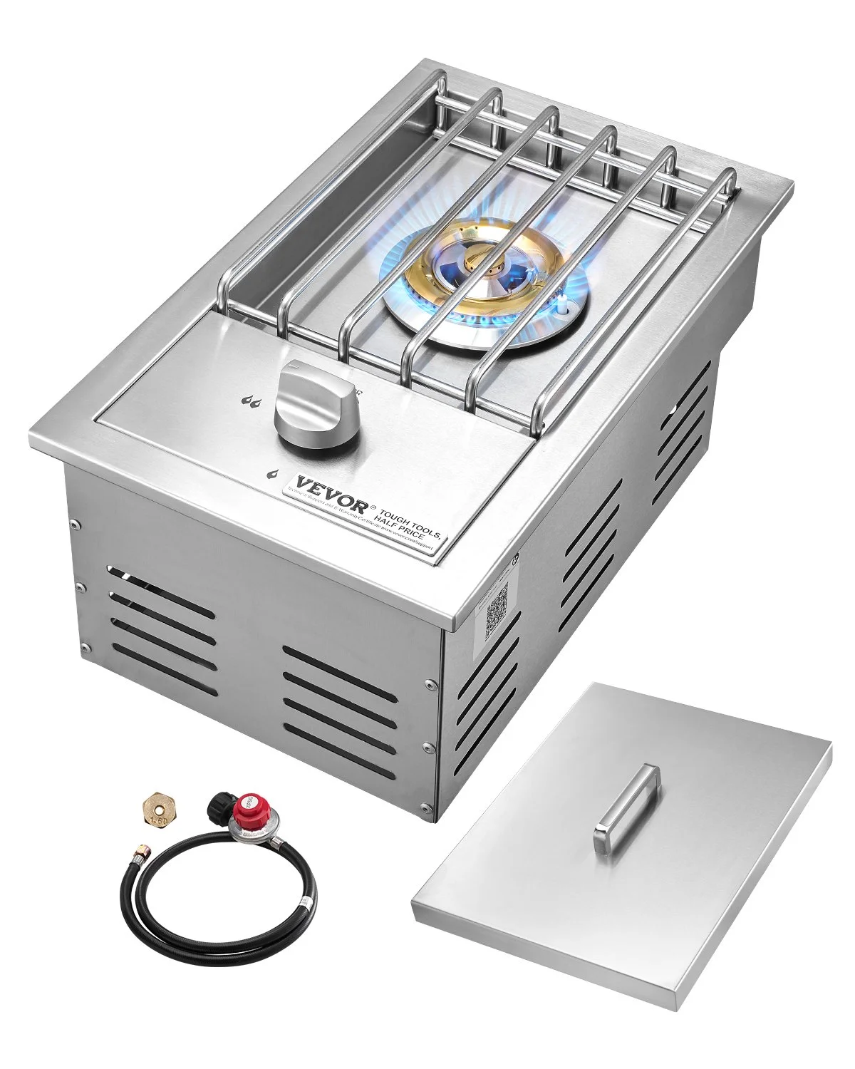 Single Grilling Side Burner, 15,000BTU Liquid Propane Side Burner for Outdoor Kitchen, Convertible to Natural Gas, 304 Stainless Steel Built-in Single Grill Burners for BBQ Grill Island