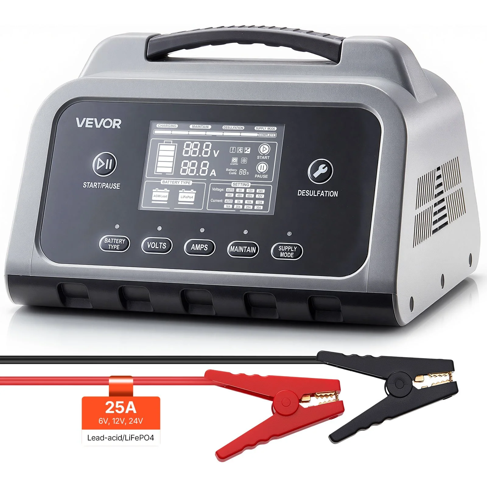 Smart Battery Charger, 25A, 6V 12V 24V Lithium LiFePO4 Lead-Acid (Gel/AGM) Car Battery Charger, with LCD Display, Trickle Charging Maintainer Desulfator, for Car, Boat, Motorcycle, Lawn Mowers