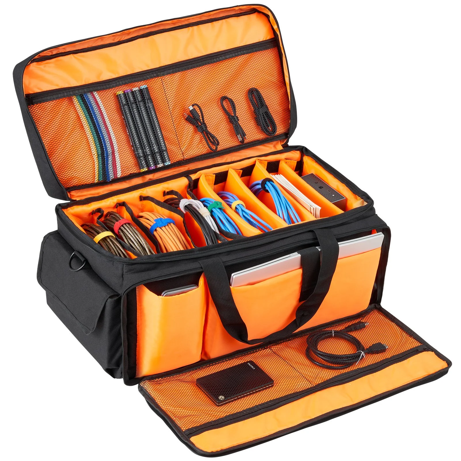 DJ Cable File Bag, 1200D Oxford Fabric, DJ Gig Bag with 9 Detachable Divider 4.92 ft Padded Shoulder Strap Plastic Bottom Pad, 23.6 x 11.8 x 12.7 in DJ Wire Bag for DJ Gear Musical Accessories