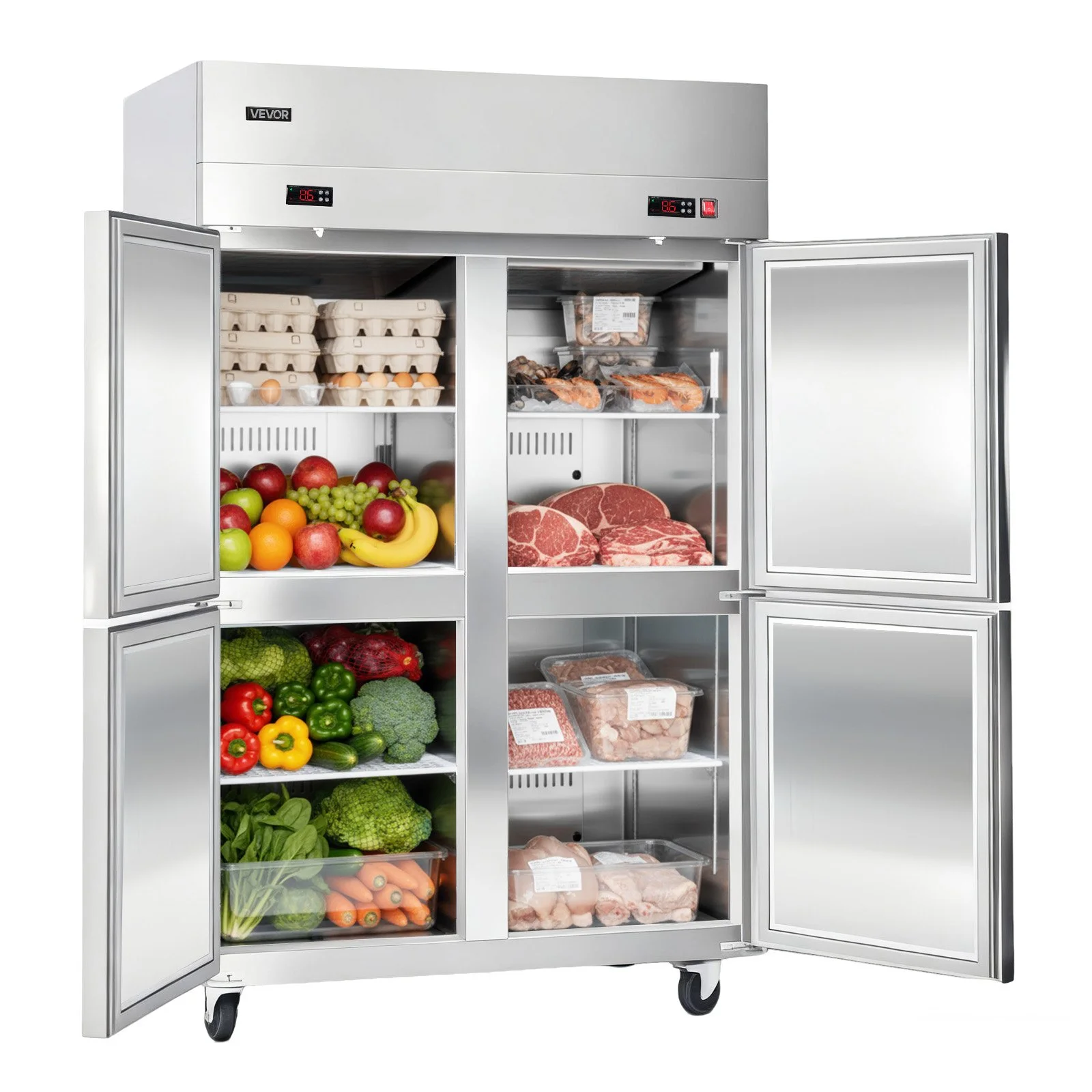 Commercial Refrigerator and Freezer Combo 48"W, 31 Cu.Ft Stainless Steel Upright Freezer/Refrigerator with 4 Doors, Auto-Defrost, 6 Adjustable Shelves, UL Certified