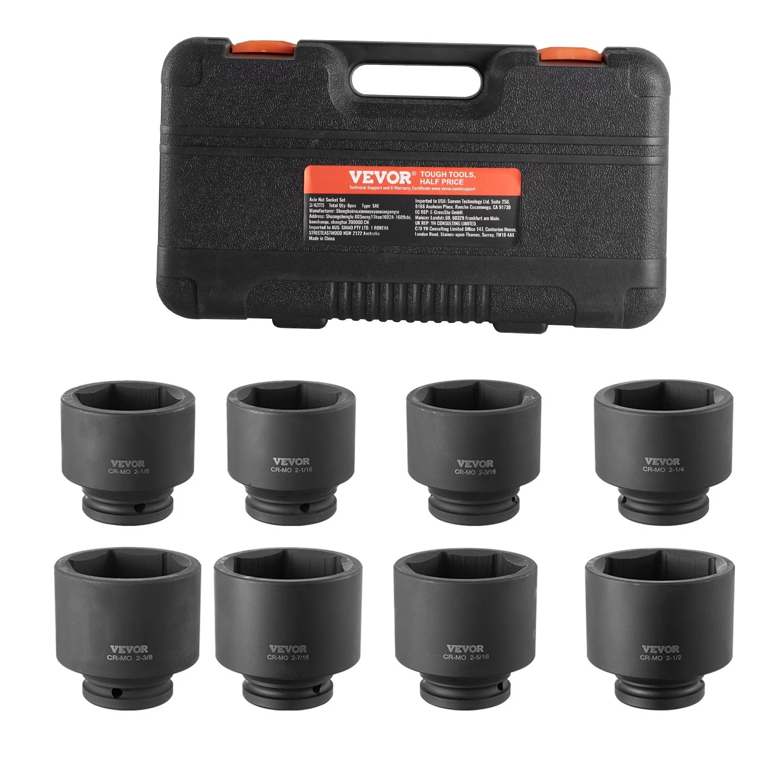 Axle Nut Impact Socket Set, 3/4" Drive 6-Point 8-Piece SAE Spindle Nut Socket Set, CR-MO Heat Treated Large Socket Set with Storage Case, for Auto Repair, Removing or Installing Axle Nuts