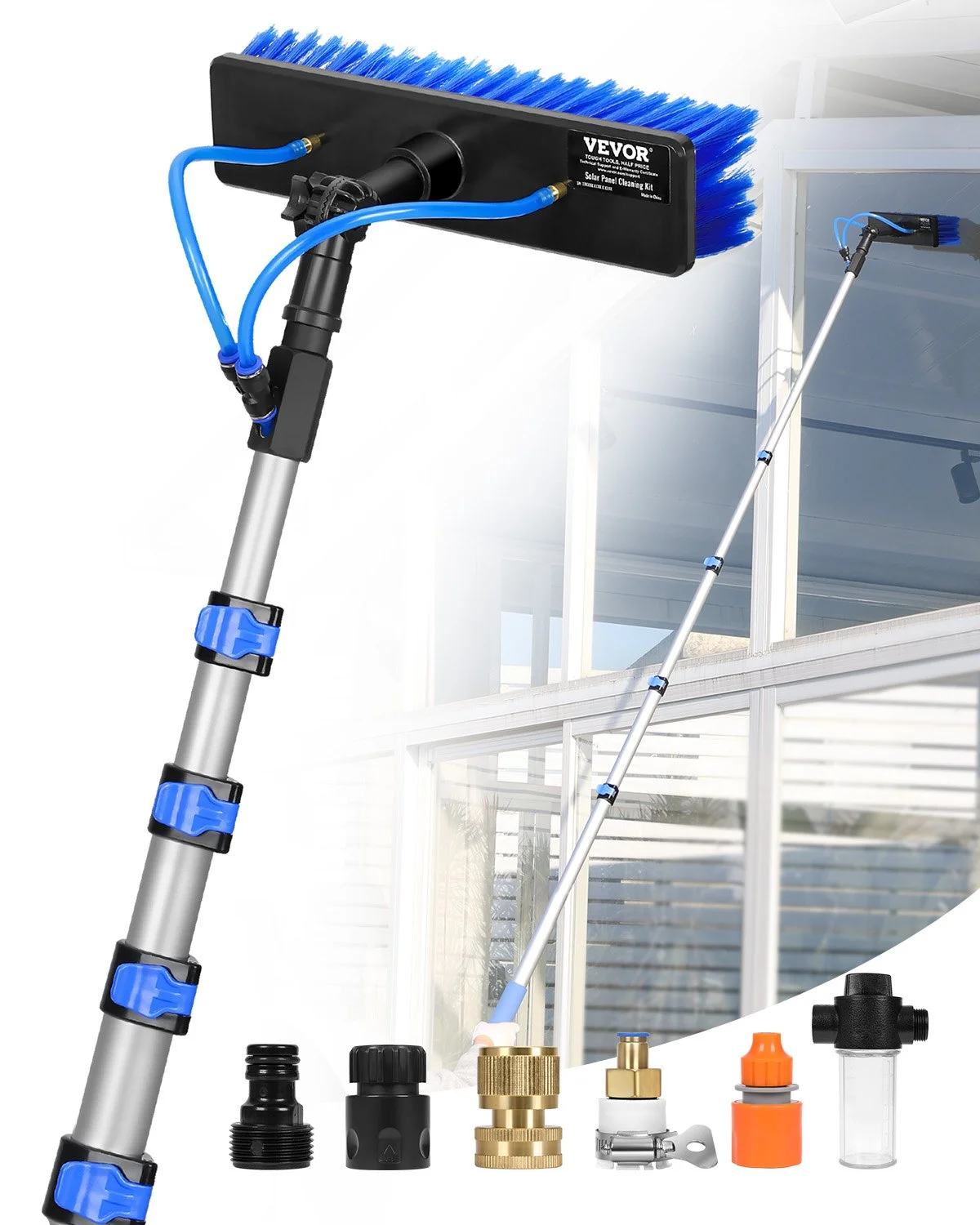 Water Fed Pole Kit, 24FT Solar Panel Cleaning Pole with Extendable Handle, 180° Rotatable Brush Head & 65.6FT Hose, Household & Outdoor Window Cleaner Tool for Caravan Solar Panel Deck