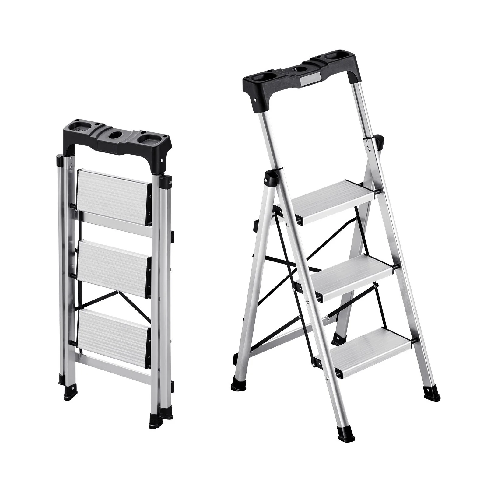 3 Step Ladder, Folding Step Stool with Wide Anti-Slip Pedal and Comfort Handgrip, 330 lbs Capacity Portable Aluminum Stepladder, Multi-Use for Kitchen, Warehouse, Household and Office, Silver