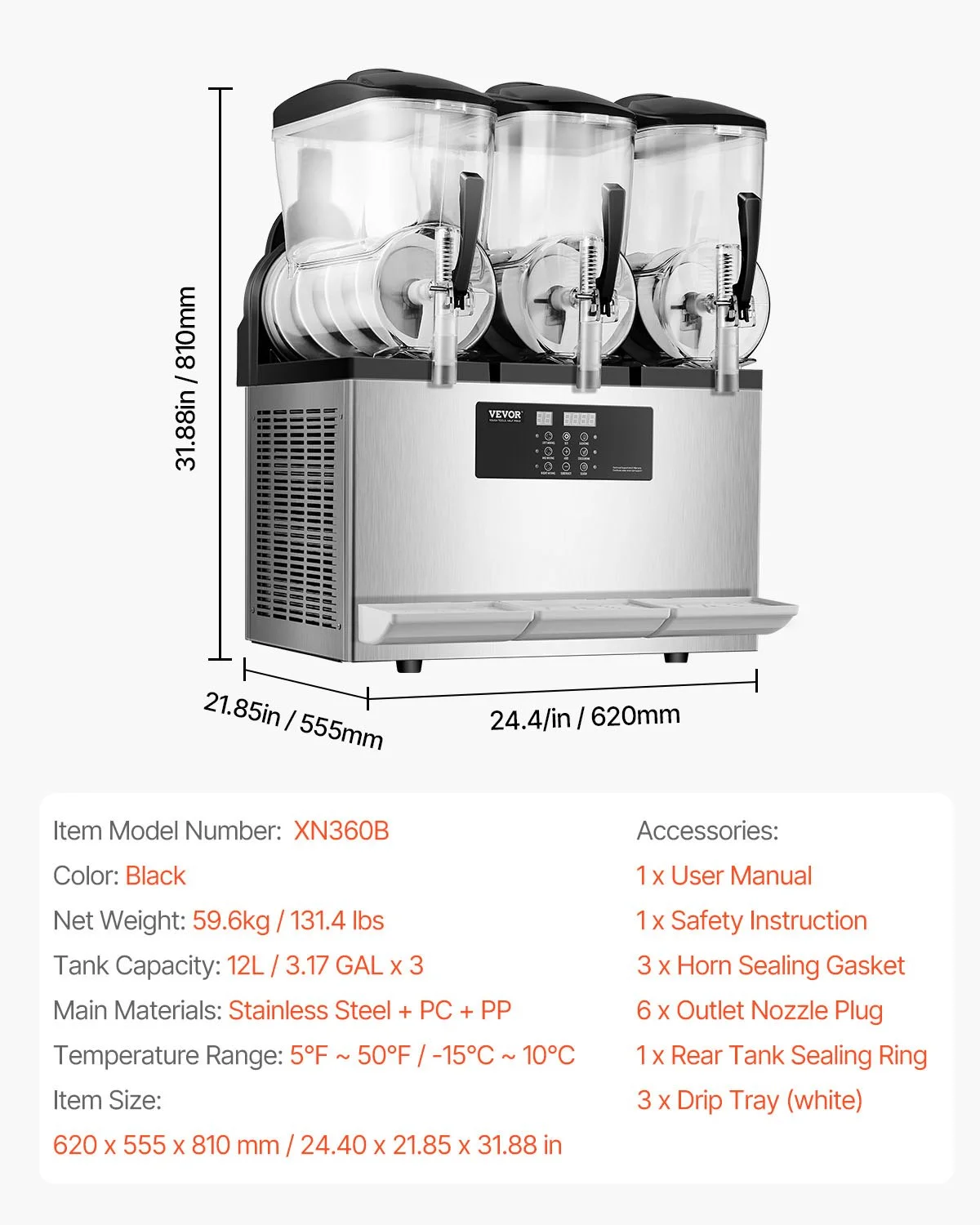 Commercial Slushy Machine, 12Lx3 Triple Tank Frozen Drink Machine, 144 Cups Stainless Steel Margarita Smoothie Frozen Drink Maker, Slushie Maker for Home Party Restaurants Cafe Bars - Image 9
