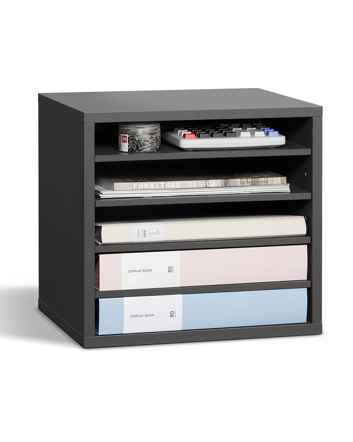 Literature Organizer, 5 Compartments Office Mailbox with Adjustable Shelves, Wooden Mailbox Sorter Medium Density Fiberboard Office Home Classroom Storage for Files, Documents, Papers, Grey