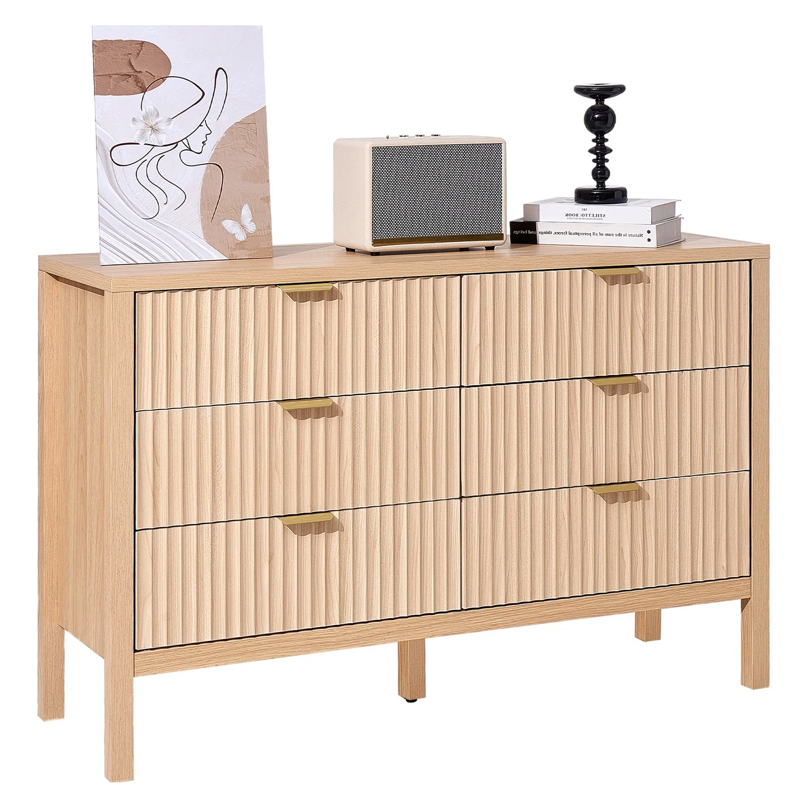 6 Fluted Drawer Dresser, Wooden Chest of Drawers with Sliding & Anti-tip Device, Modern Minimalist Dresser Chest, Closet Storage Organizer for Living Room, Hallway, Entryway, Light Wood