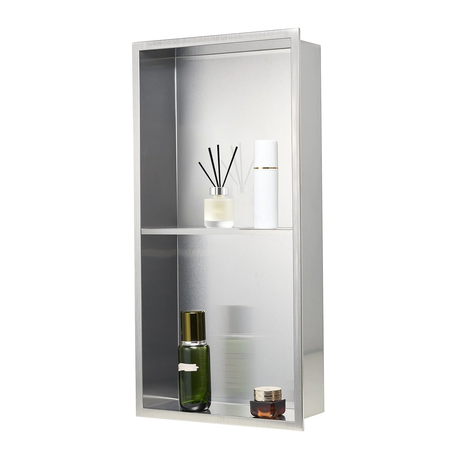 Shower Niche, 13 x 25 x 4 inch Recessed Wall Niche Double-layer, with Hollowed-out Divider,Heavy-duty Stainless Steel Modern Shampoo Storage Organizer,Waterproof, Silver for Bathroom