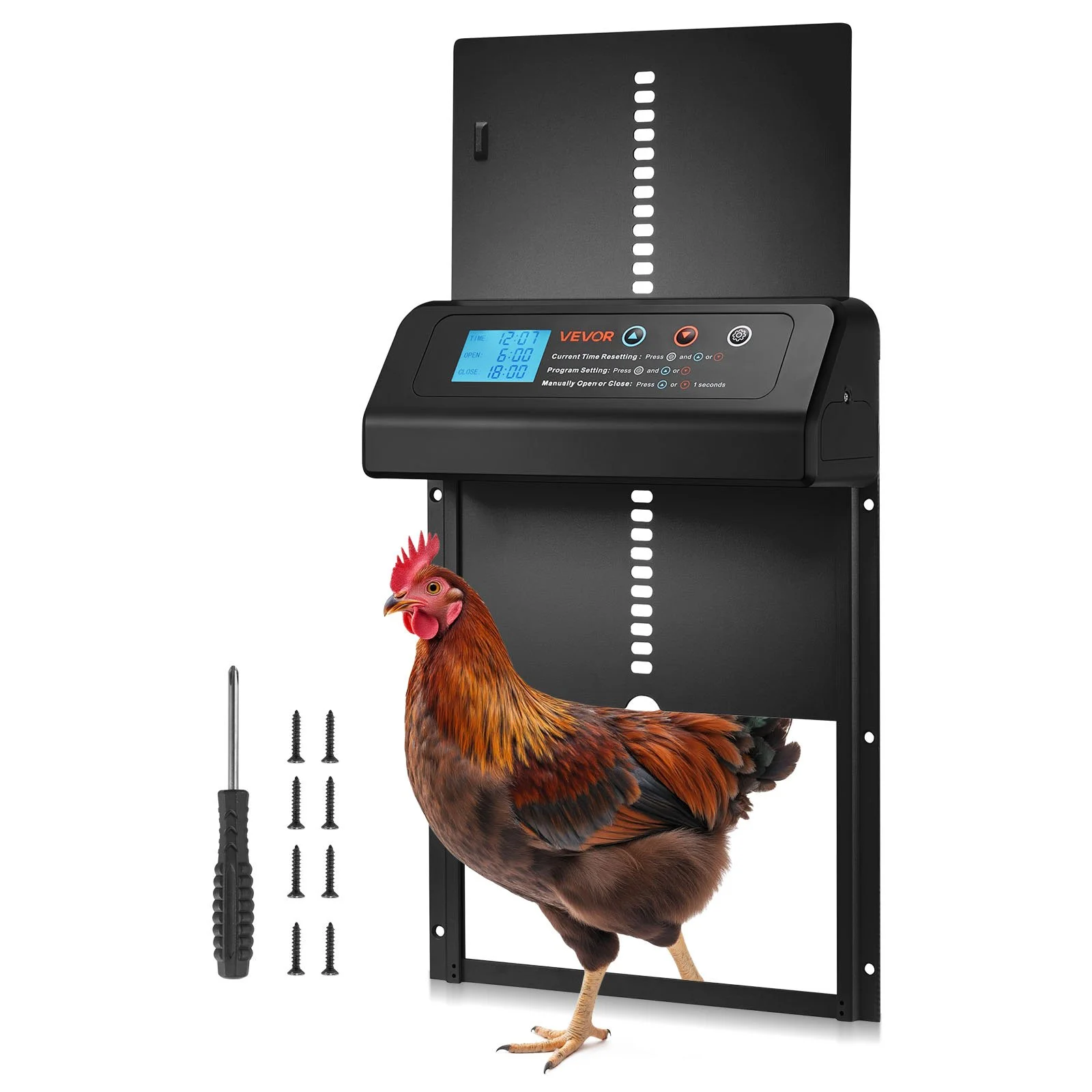 Automatic Chicken Coop Door, Battery Powered Chicken Coop Door with Timer & Manual Setting, Anti-Pinch Security, Durable Aluminum Alloy, Auto Chick Run Gate Opener with Waterproof Sealing, Black