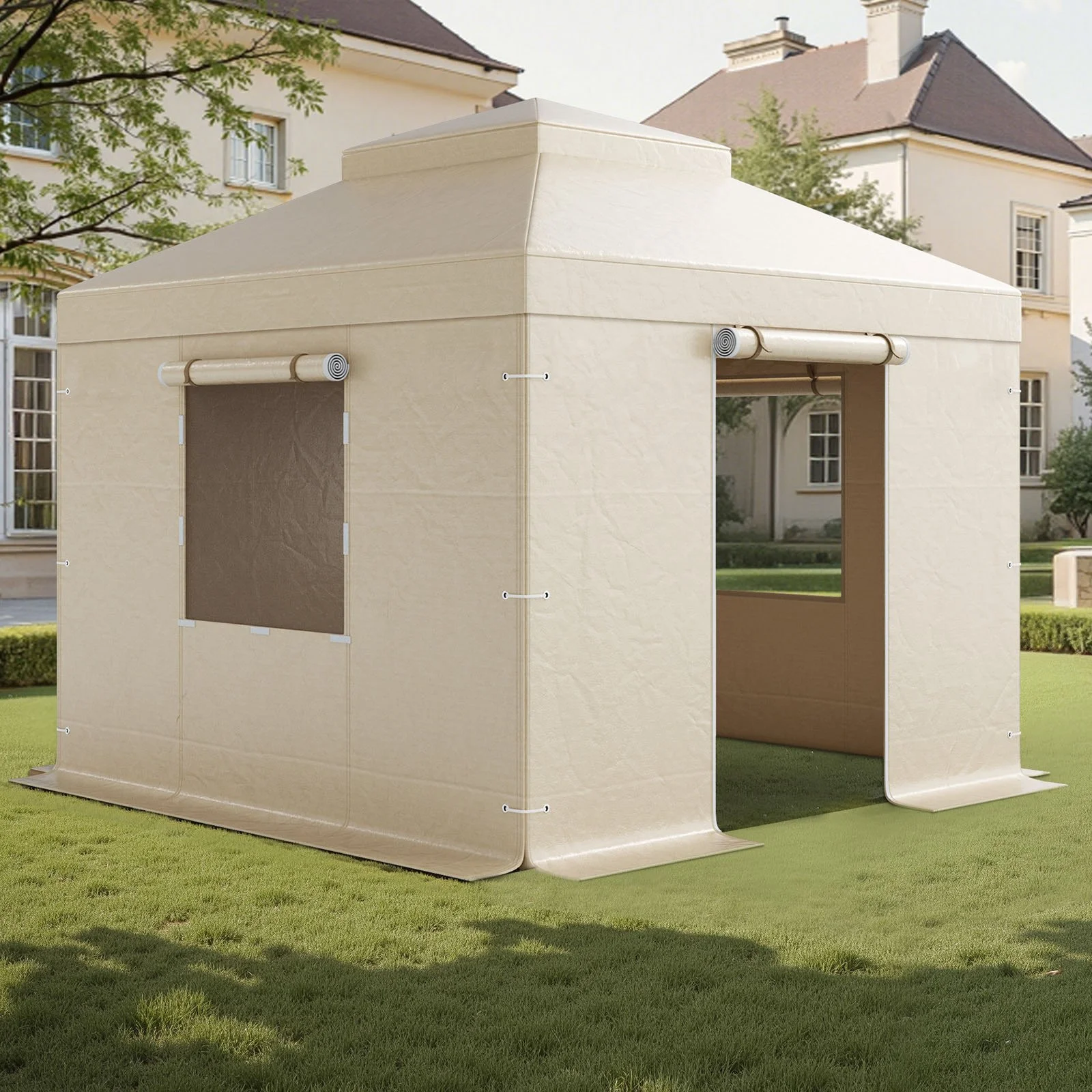 Winter Gazebo Cover Fits 10 x 10 ft Hardtop Gazebos, All-Weather Double-Tiered Gazebo Cover with Sidewalls & Mesh Windows, High-Density PE Enclosed Storage Shelter Covers, Gazebos not Included
