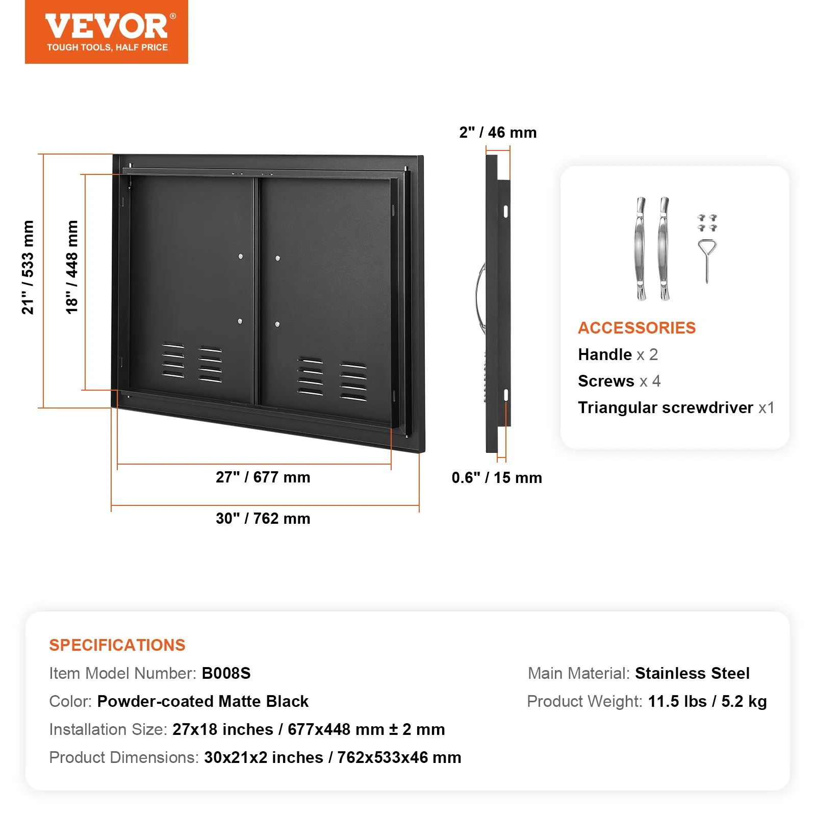 BBQ Access Door, 30W x 21H Inch Double Outdoor Kitchen Door, Cold Plate Flush Mount Door, Wall Vertical Door with Handles and Ventss, for BBQ Island, Grilling Station, Outside Cabinet - Image 10