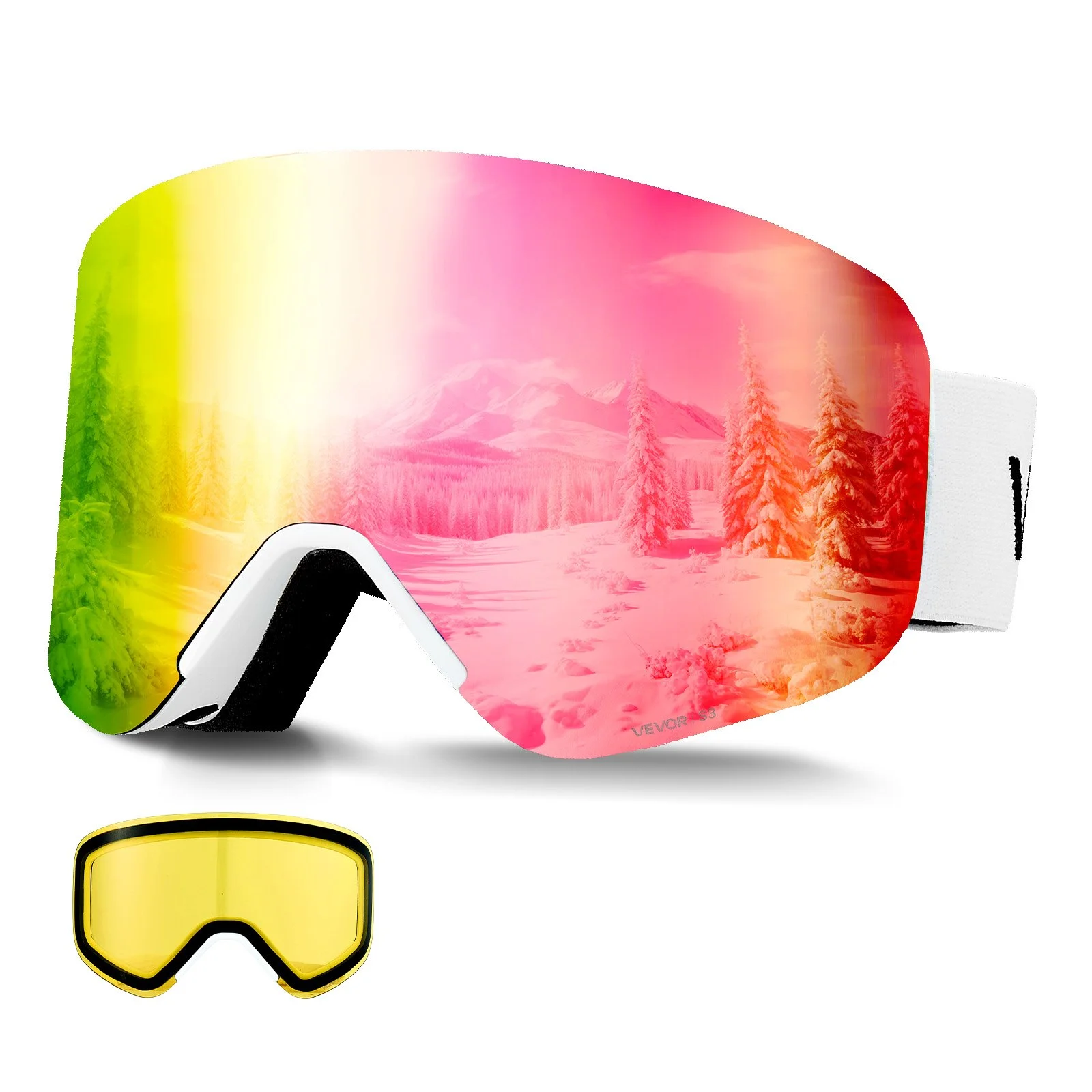 Frameless Ski Goggles, Magnet Cylindrical Lens with Pink Revo Coating, OTG Anti fog Snow Goggles for Men Women Youth, TPU Frame & Ventilation Structure, Fit for Skiing, Skating, Snowboarding