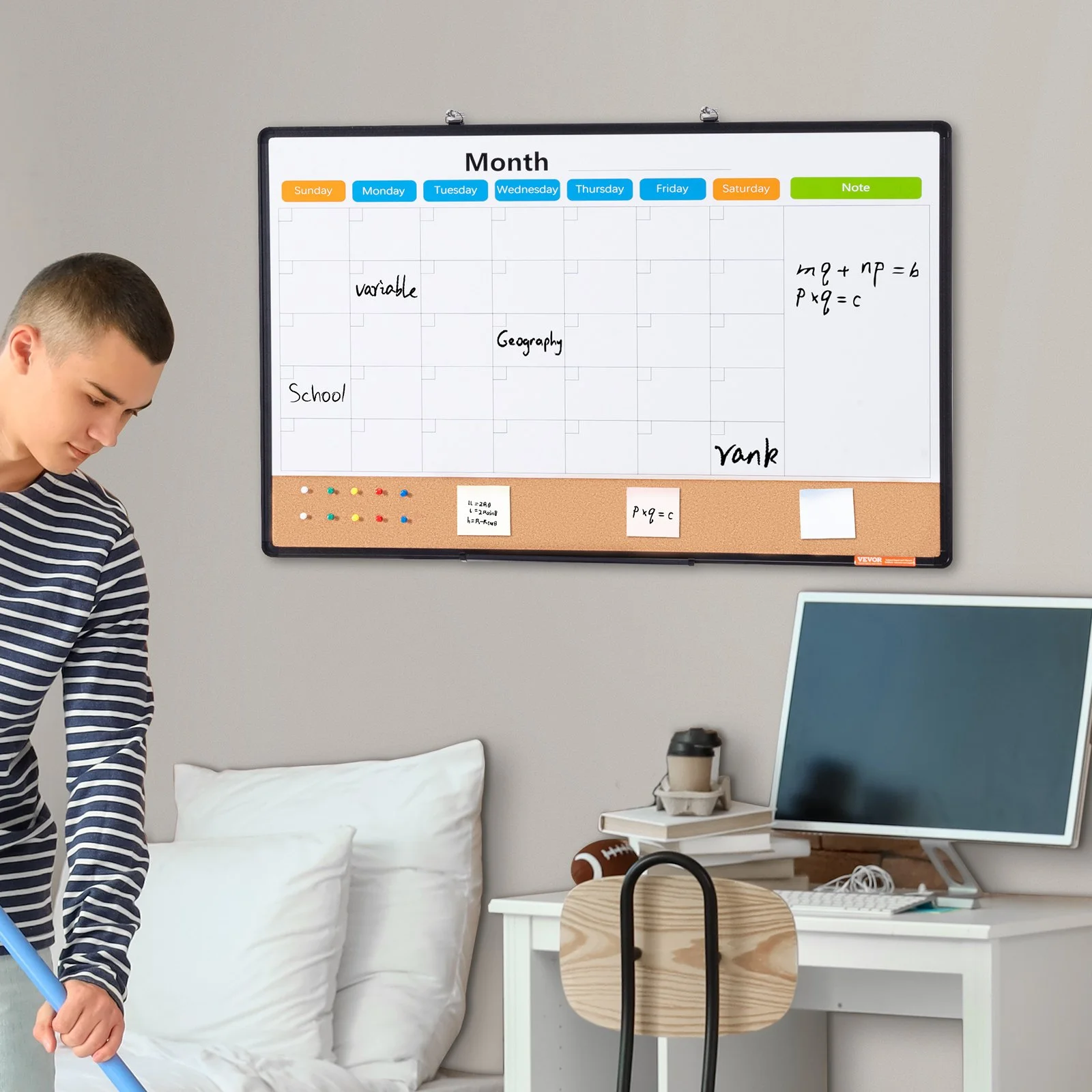 36"x 24" Monthly Calendar Whiteboard & Cork Board Combo with Aluminum Frame – 2-in-1 Magnetic Dry Erase Bulletin Board for Wall Mount – Ideal for School, Home, Office - Image 6