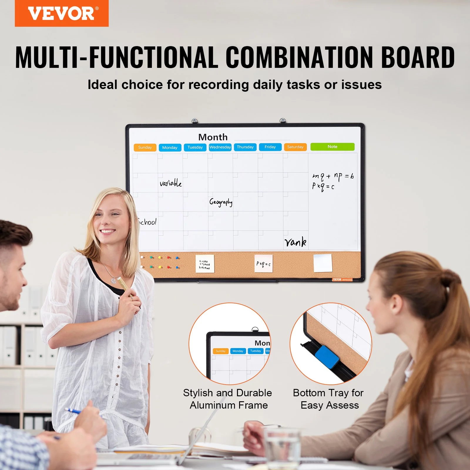 36"x 24" Monthly Calendar Whiteboard & Cork Board Combo with Aluminum Frame – 2-in-1 Magnetic Dry Erase Bulletin Board for Wall Mount – Ideal for School, Home, Office - Image 3