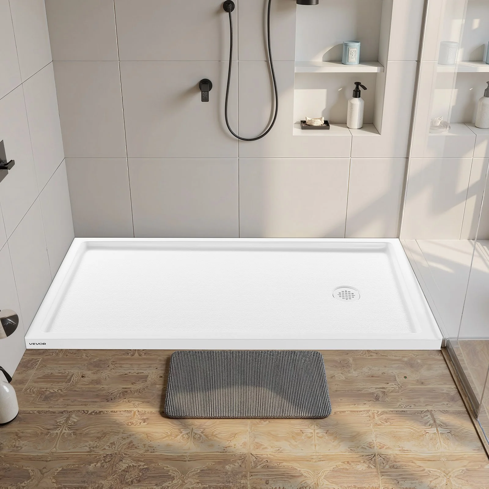 Shower Pan, 60″ L x 30″ W Single Threshold Shower Base, Rectangle Acrylic & PVC Showering Base in White, Slip-Resistant Showering Pan Bases with Drain & Cover for Bathroom, Right Drain Location
