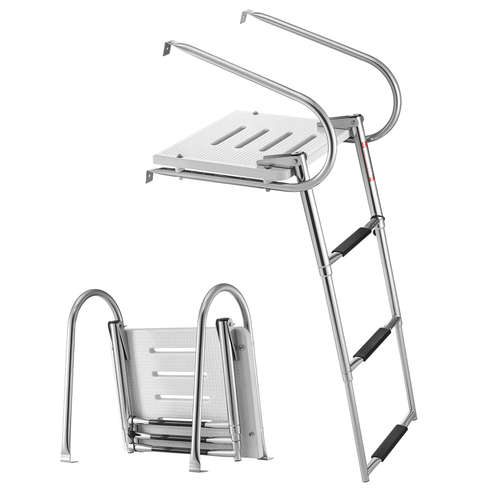 Boat Ladder, 3 Steps, Stainless Steel Telescoping Folding Swim Deck Ladder for Rear Entry Inboard, 400 lbs Capacity with Wide Anti-Slip Steps & Handrails, for Outboards, Yacht, Pontoon Boats