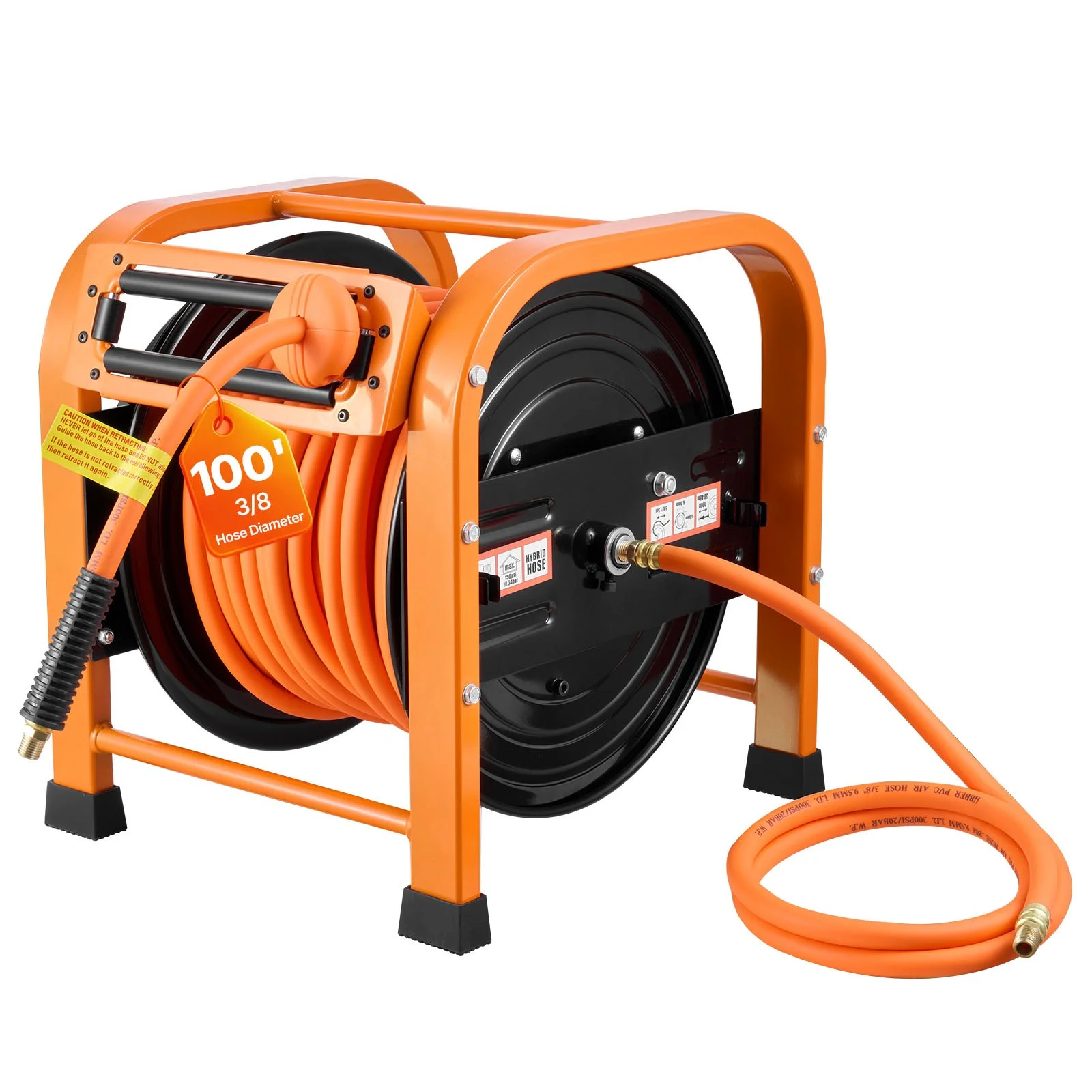 Retractable Air Hose Reel, 3/8 Inch x 100 FT PVC Air Hose Max 300PSI, Auto Rewind Air-Compressor Hoses Reel with 5 ft Lead in, Portable Freestanding Heavy Duty Steel Reel for Garages Workshops