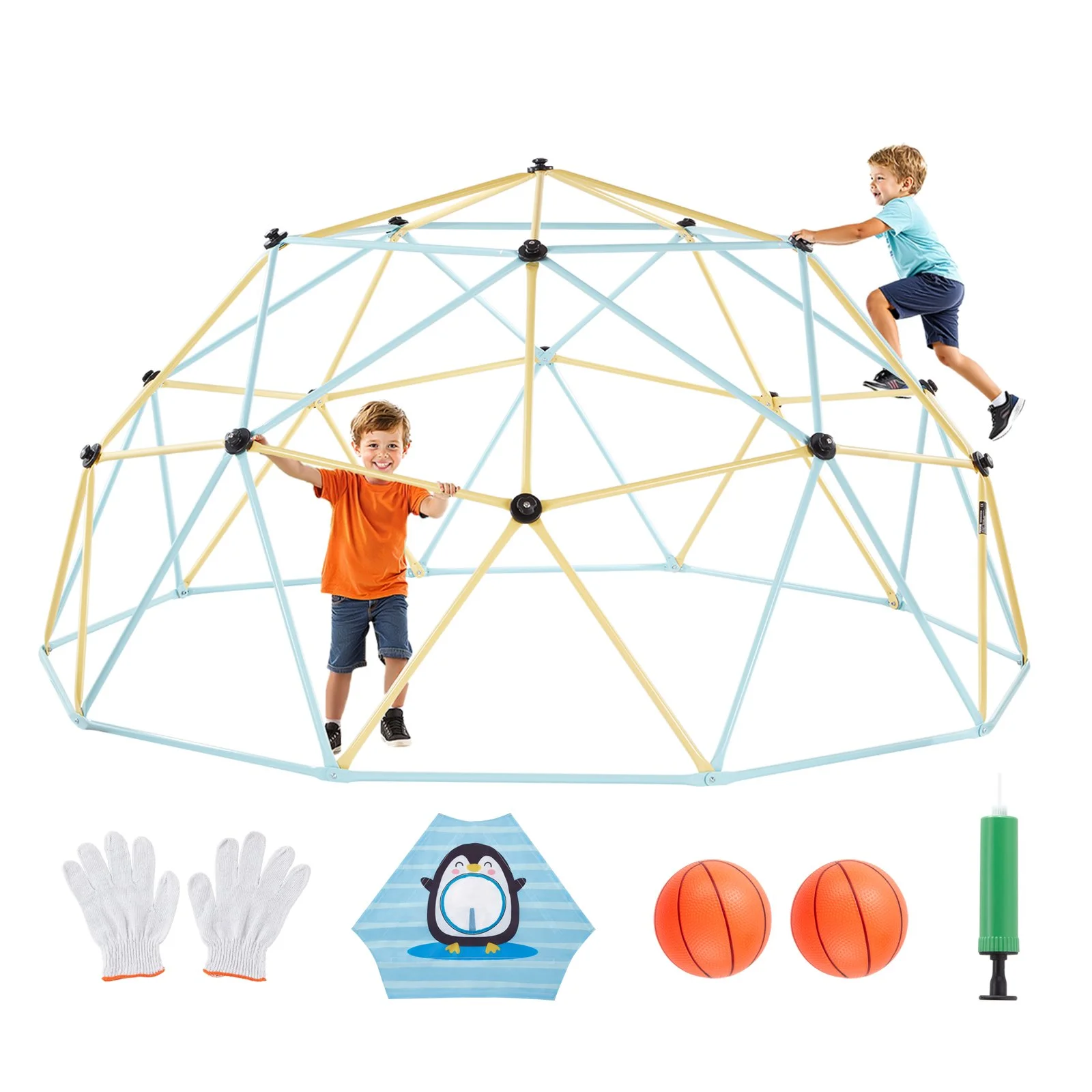 Climbing Dome, 10FT Geometric Dome Climber, 1000LBS Loading Jungle Gym Playground with 2 Basketballs & Octopus Net, Easy-Assembly Outdoor Backyard Climbing Equipment for Kids 3 to 10 Years Old