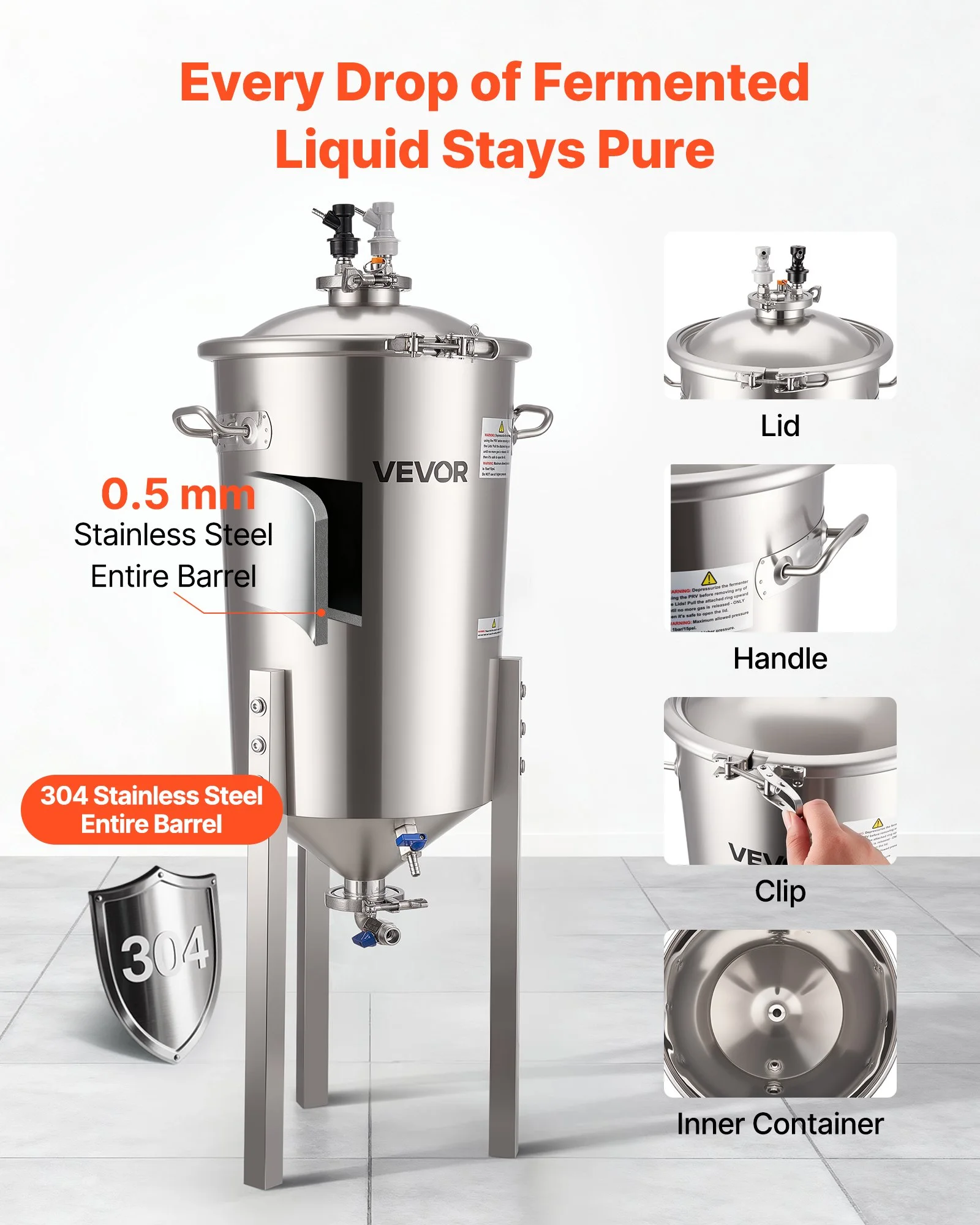 Pressure Fermenter 15 PSI, 8 Gal/30L All-in-One Stainless Steel Conical Secondary Fermentation Bucket, for Wine, Beer Brewing Equipment - Image 8