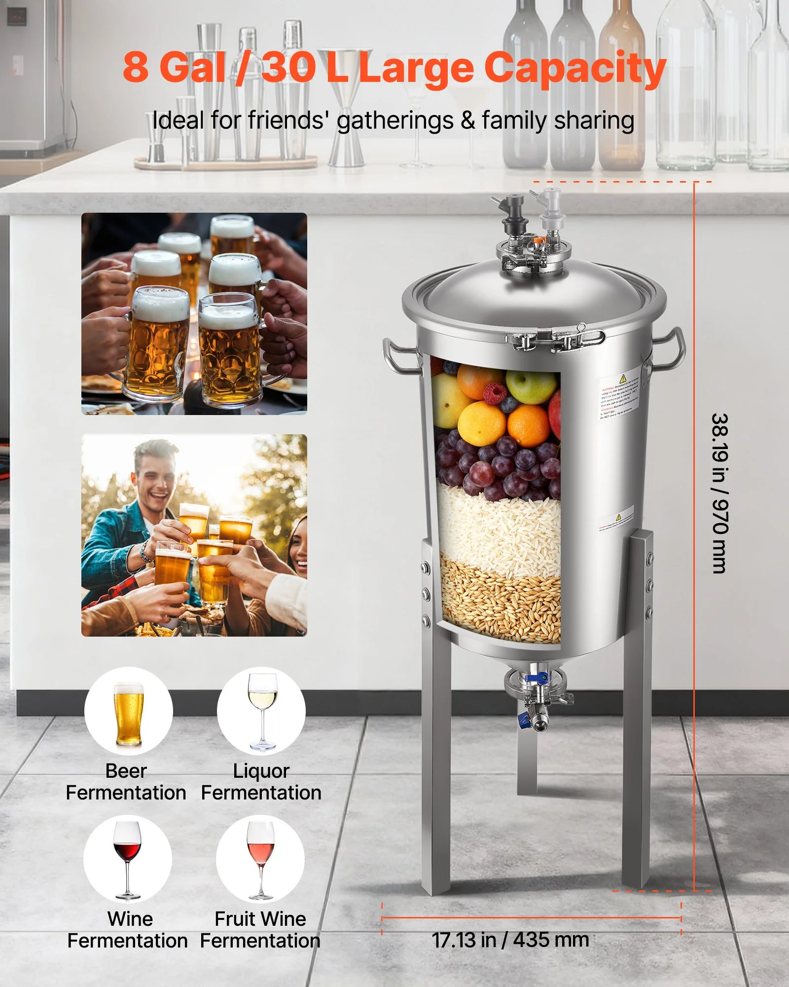 Pressure Fermenter 15 PSI, 8 Gal/30L All-in-One Stainless Steel Conical Secondary Fermentation Bucket, for Wine, Beer Brewing Equipment - Image 9