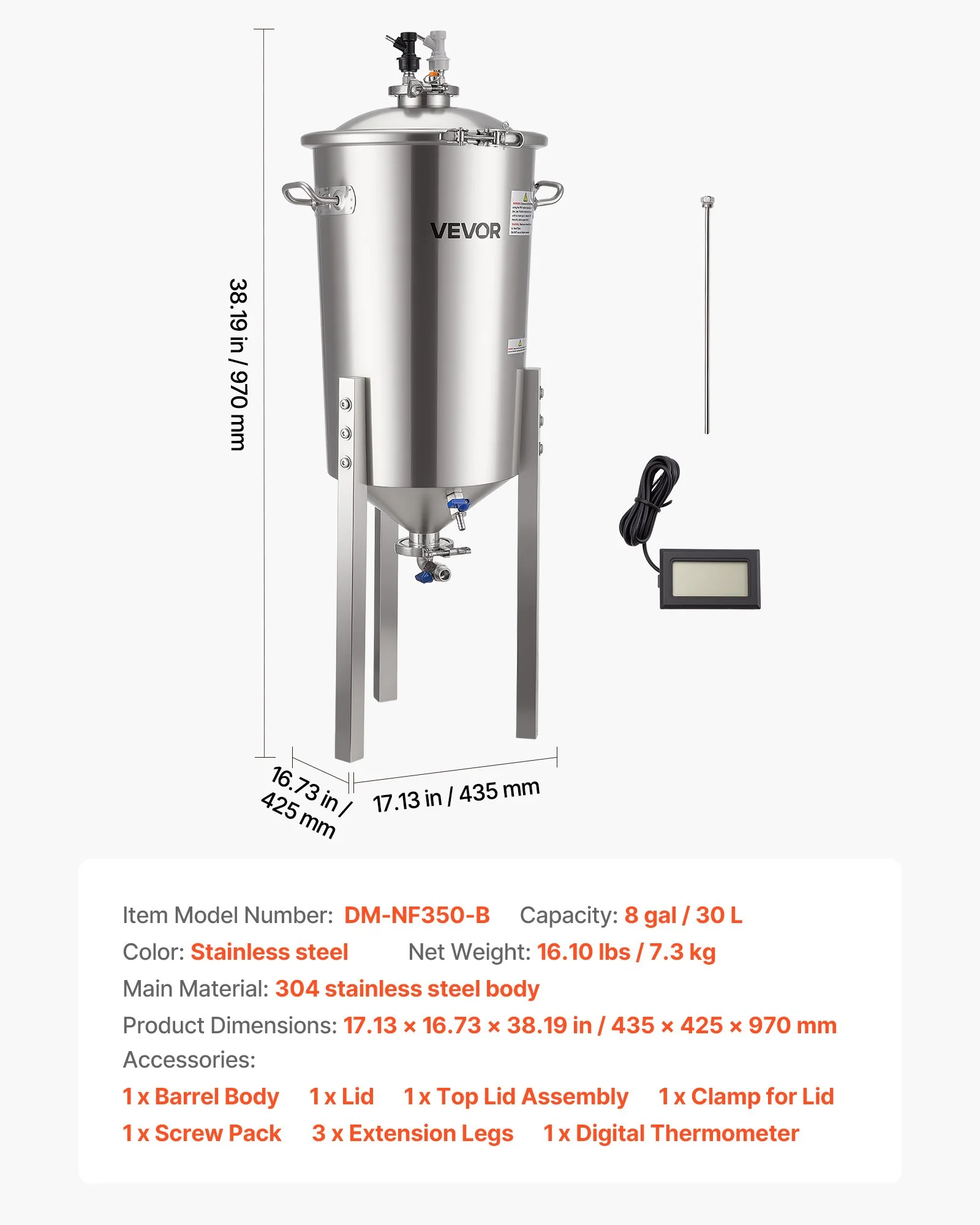 Pressure Fermenter 15 PSI, 8 Gal/30L All-in-One Stainless Steel Conical Secondary Fermentation Bucket, for Wine, Beer Brewing Equipment - Image 11