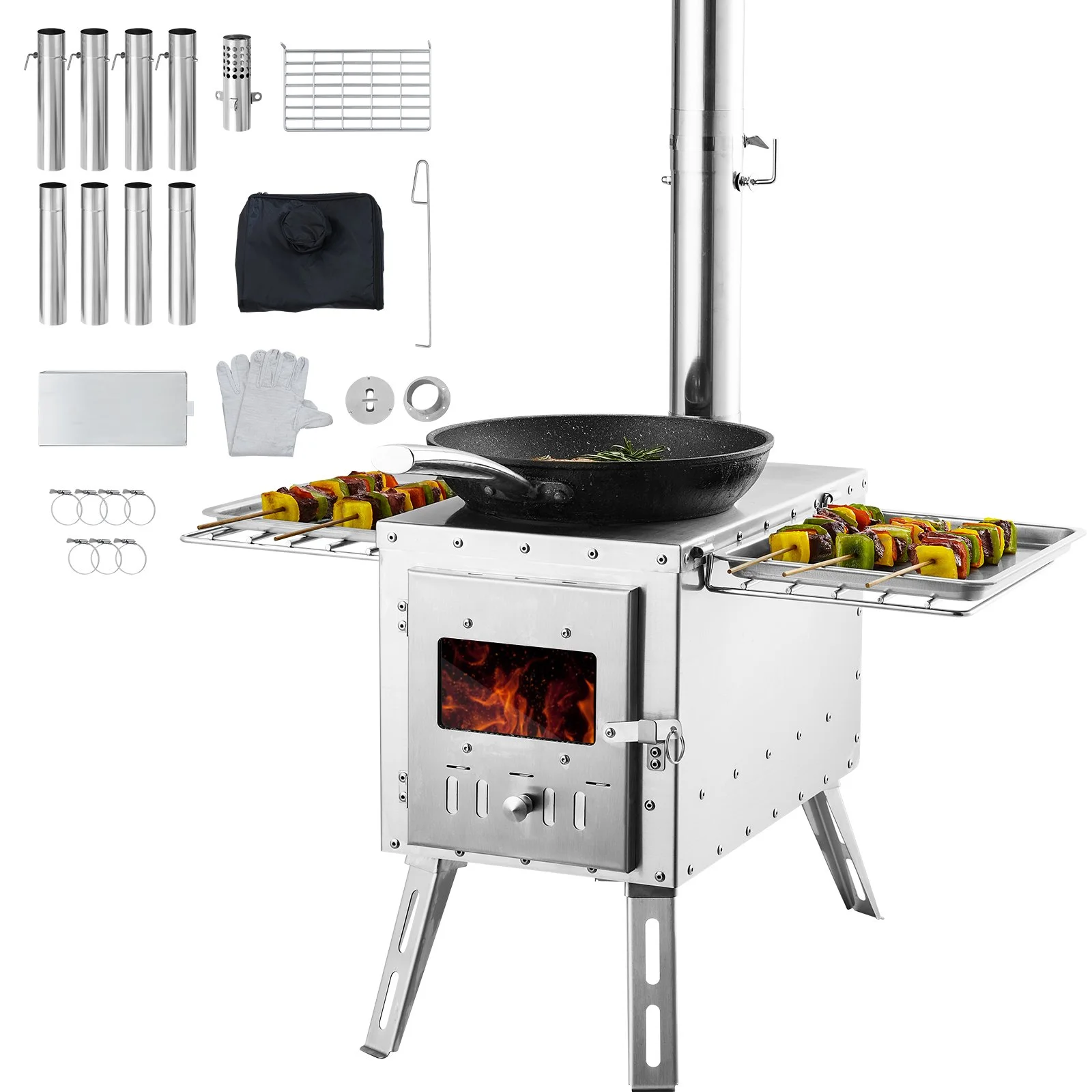 Wood Stove, 86 inch, Stainless Steel Camping Tent Stove, Portable Wood Burning Stove with Chimney Pipes & Gloves, 1646in³Firebox Hot Tent Stove for Outdoor Cooking and Heating with 8 Pipes