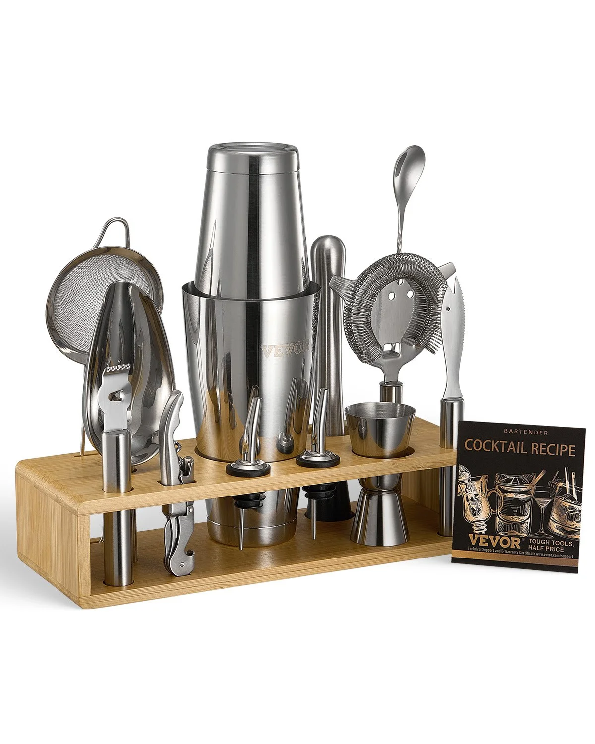Cocktail Shaker Set, 13-Piece Stainless Steel Bar Tools with Bamboo Stand, Boston Bartender Kit Accessories | Mixer Spoon, Muddler, Jigger, Strainer, Liquor Pourers, Ice Scoop, Lemon Zester