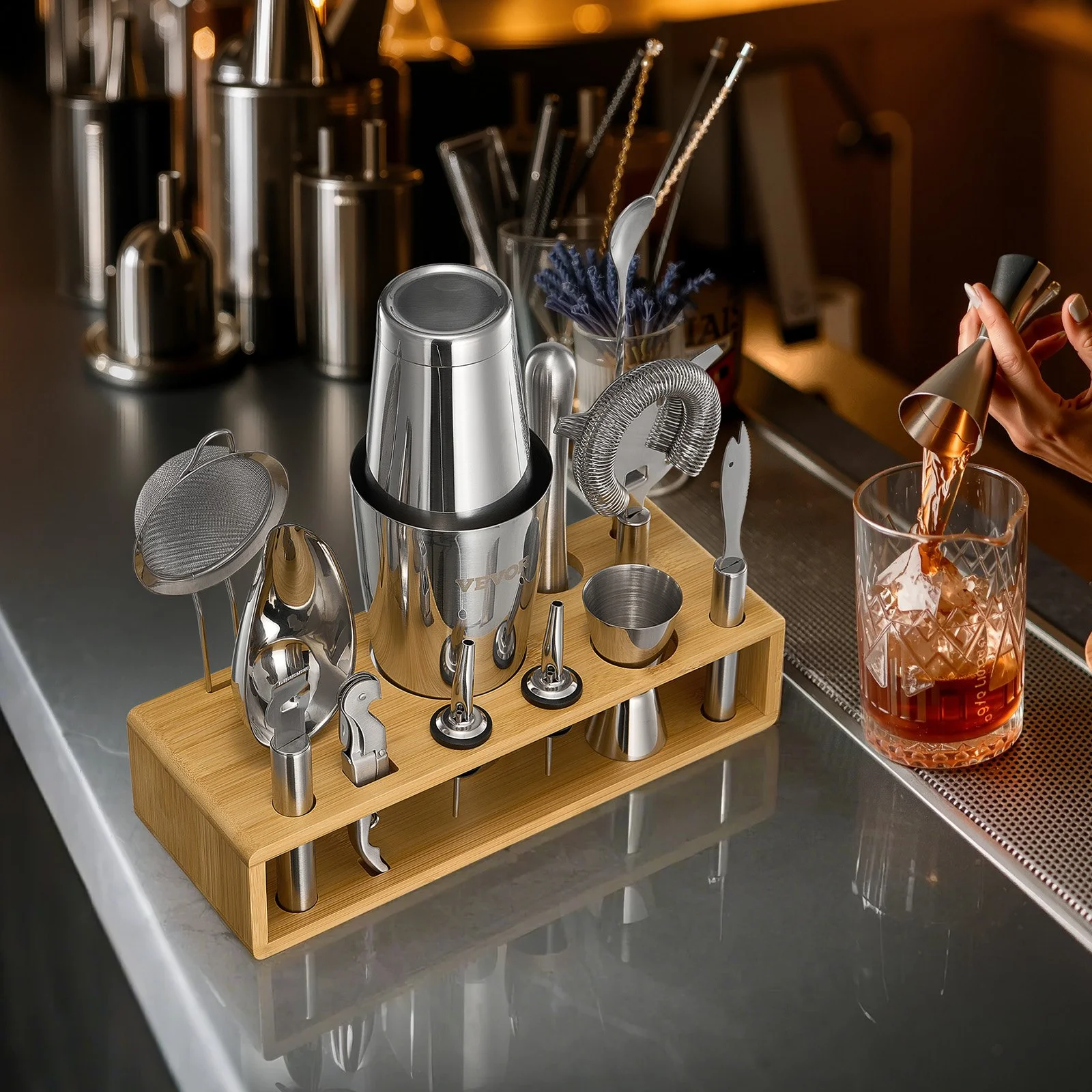 Cocktail Shaker Set, 13-Piece Stainless Steel Bar Tools with Bamboo Stand, Boston Bartender Kit Accessories | Mixer Spoon, Muddler, Jigger, Strainer, Liquor Pourers, Ice Scoop, Lemon Zester - Image 4