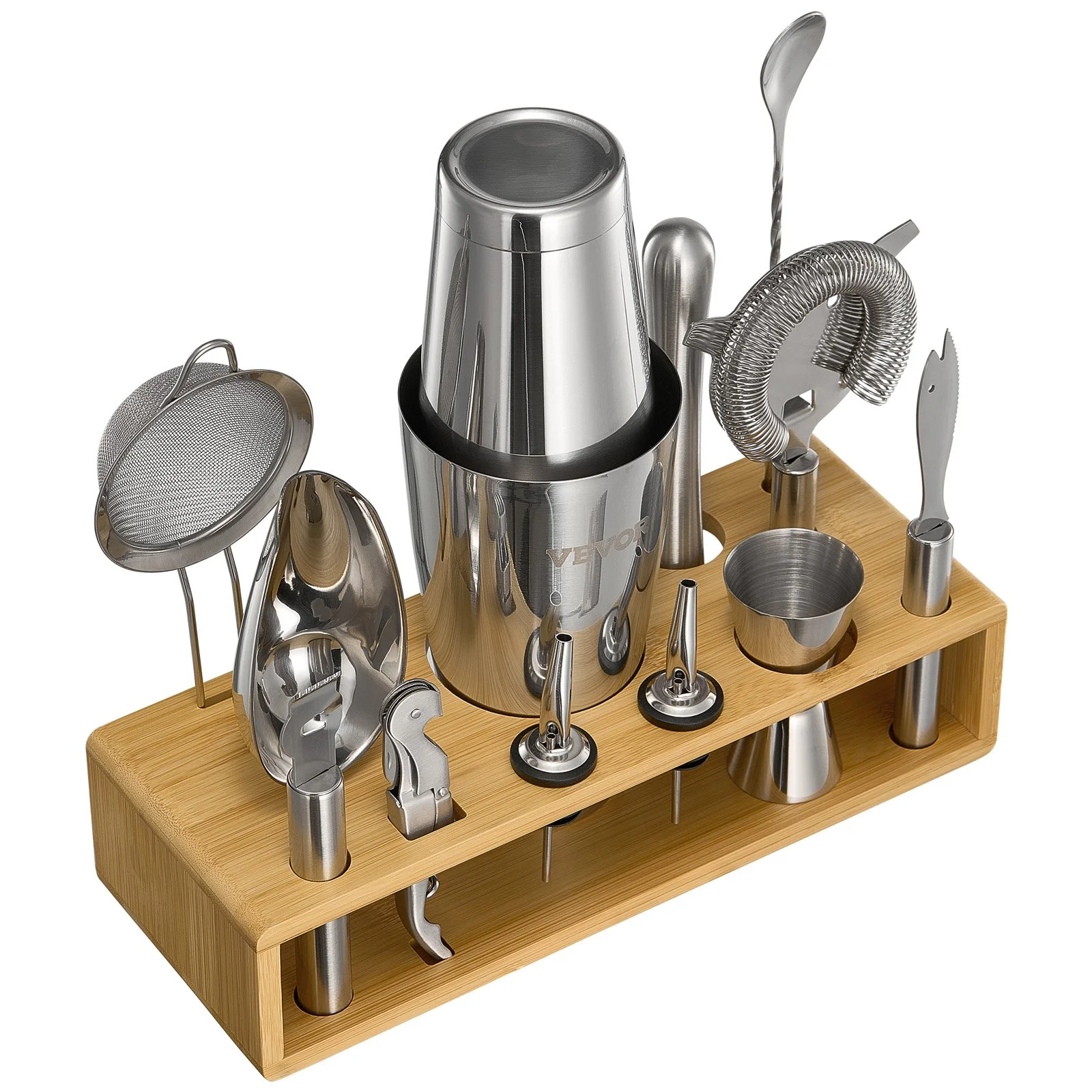 Cocktail Shaker Set, 13-Piece Stainless Steel Bar Tools with Bamboo Stand, Boston Bartender Kit Accessories | Mixer Spoon, Muddler, Jigger, Strainer, Liquor Pourers, Ice Scoop, Lemon Zester - Image 8
