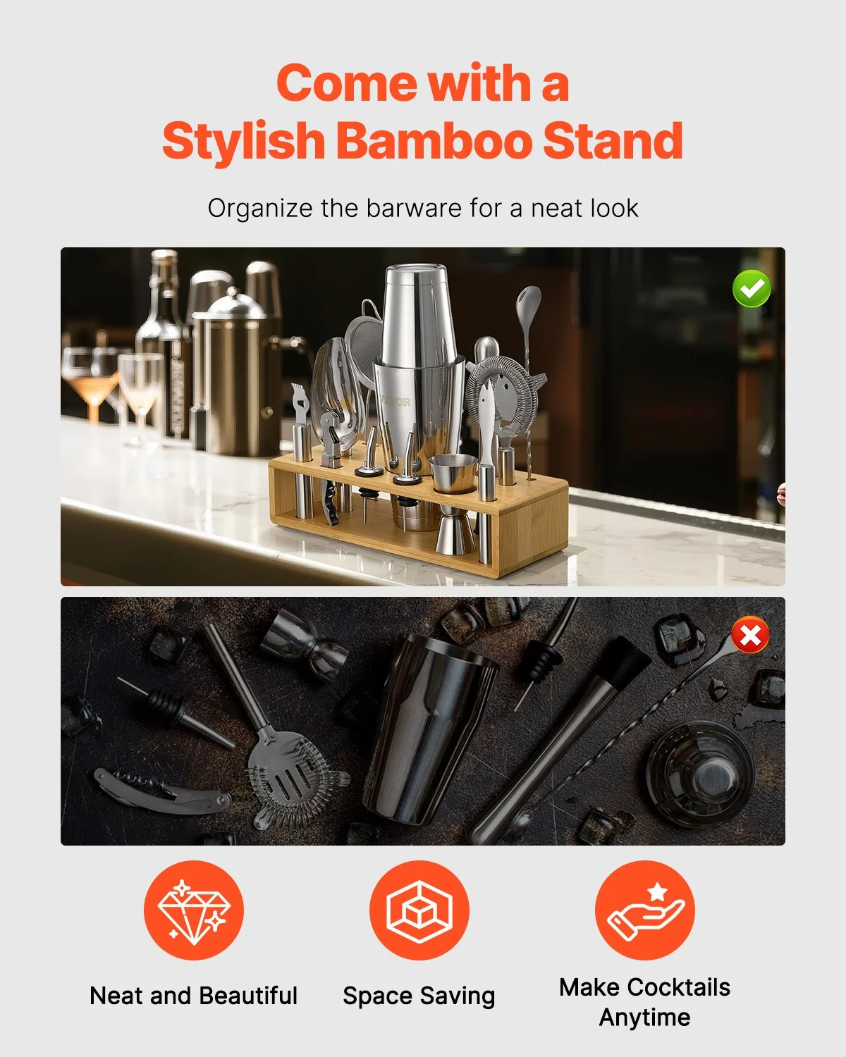 Cocktail Shaker Set, 13-Piece Stainless Steel Bar Tools with Bamboo Stand, Boston Bartender Kit Accessories | Mixer Spoon, Muddler, Jigger, Strainer, Liquor Pourers, Ice Scoop, Lemon Zester - Image 9
