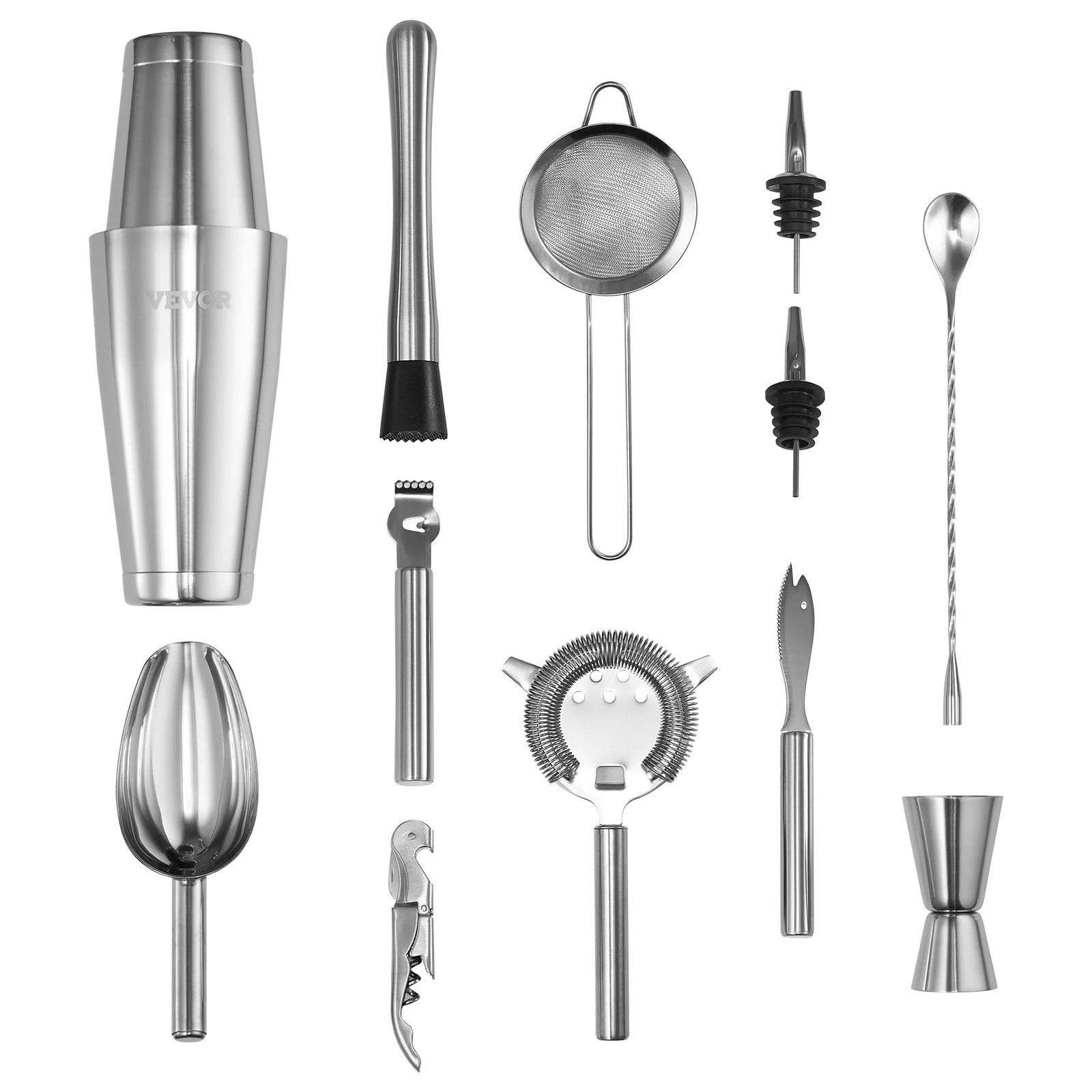 Cocktail Shaker Set, 13-Piece Stainless Steel Bar Tools with Bamboo Stand, Boston Bartender Kit Accessories | Mixer Spoon, Muddler, Jigger, Strainer, Liquor Pourers, Ice Scoop, Lemon Zester - Image 6
