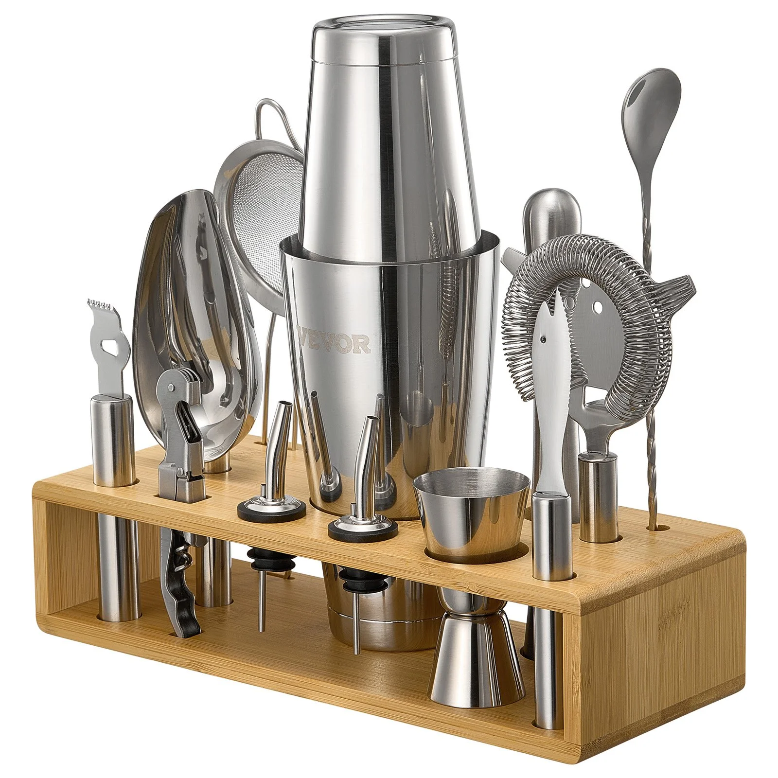 Cocktail Shaker Set, 13-Piece Stainless Steel Bar Tools with Bamboo Stand, Boston Bartender Kit Accessories | Mixer Spoon, Muddler, Jigger, Strainer, Liquor Pourers, Ice Scoop, Lemon Zester - Image 10