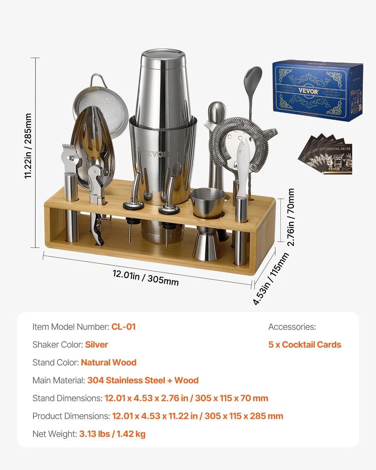 Cocktail Shaker Set, 13-Piece Stainless Steel Bar Tools with Bamboo Stand, Boston Bartender Kit Accessories | Mixer Spoon, Muddler, Jigger, Strainer, Liquor Pourers, Ice Scoop, Lemon Zester - Image 3