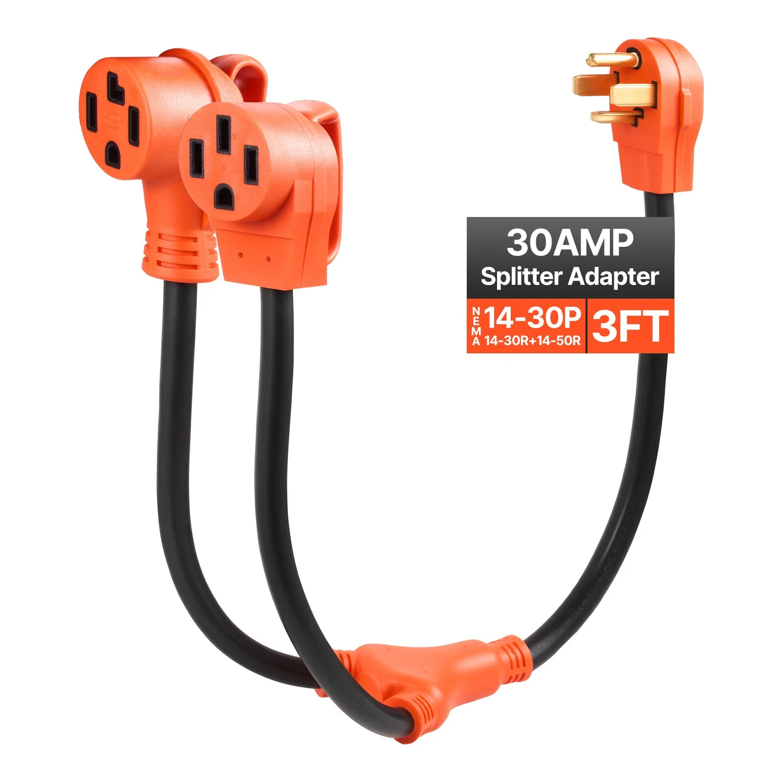 Y Splitter Adapter, 30 Amp, 4 Prong Outlet 240 Volt Dryer to EV Charger Adapter, NEMA 14-30P to 14-30R/14-50R, with Grip Handle, Heavy Duty 10 AWG STW Wire, for EV Charger Dryer RV