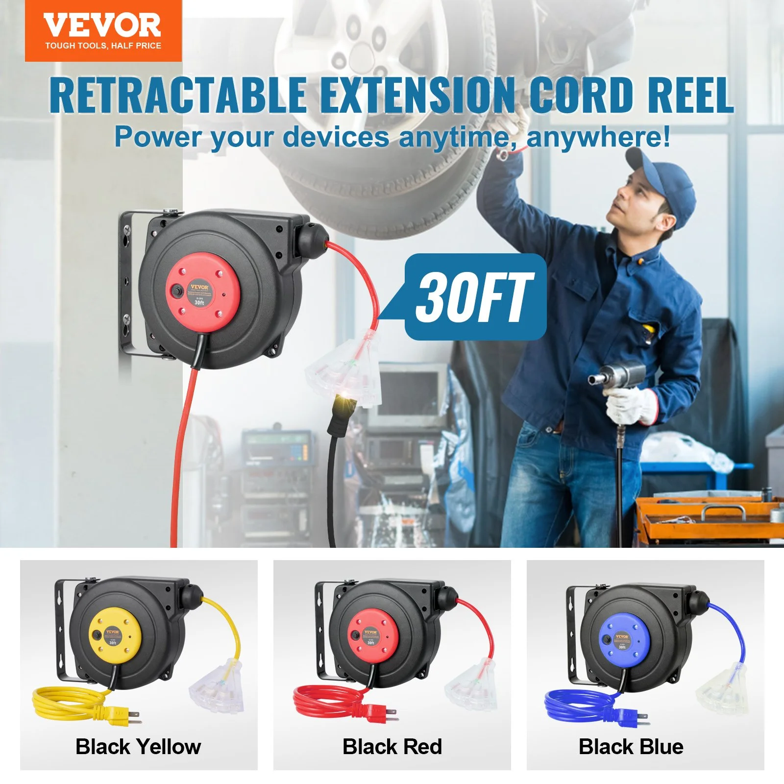 Retractable Extension Cord Reel, 30 FT, Heavy Duty 16AWG/3C SJTOW Retractable Power Cord Reel with Lighted Triple Tap Outlet 10 Amp Circuit Breaker 4.5FT Lead-in Cord, for Ceiling or Wall Mount - Image 3