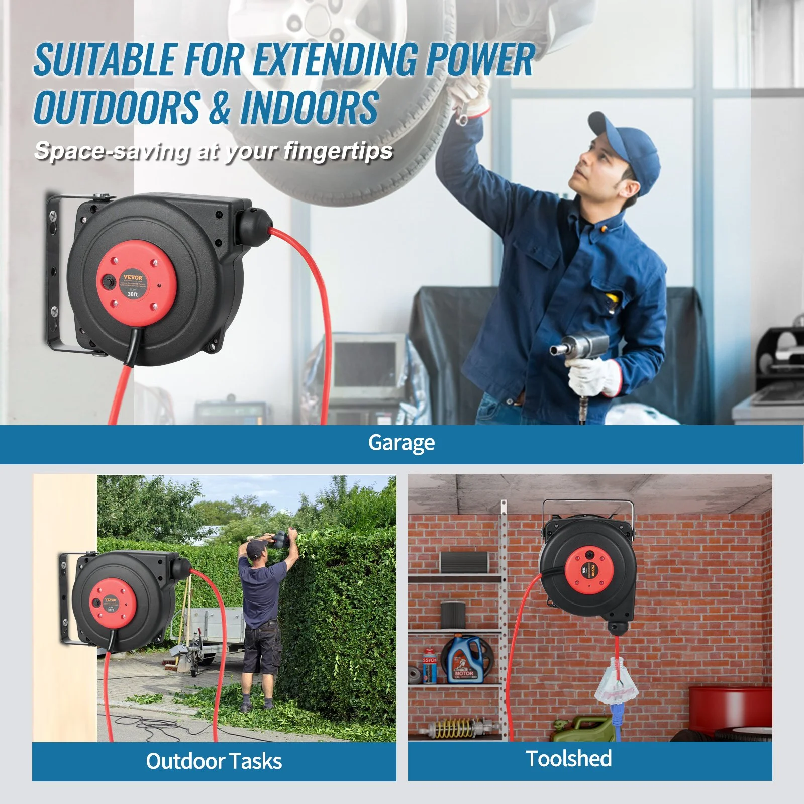 Retractable Extension Cord Reel, 30 FT, Heavy Duty 16AWG/3C SJTOW Retractable Power Cord Reel with Lighted Triple Tap Outlet 10 Amp Circuit Breaker 4.5FT Lead-in Cord, for Ceiling or Wall Mount - Image 10