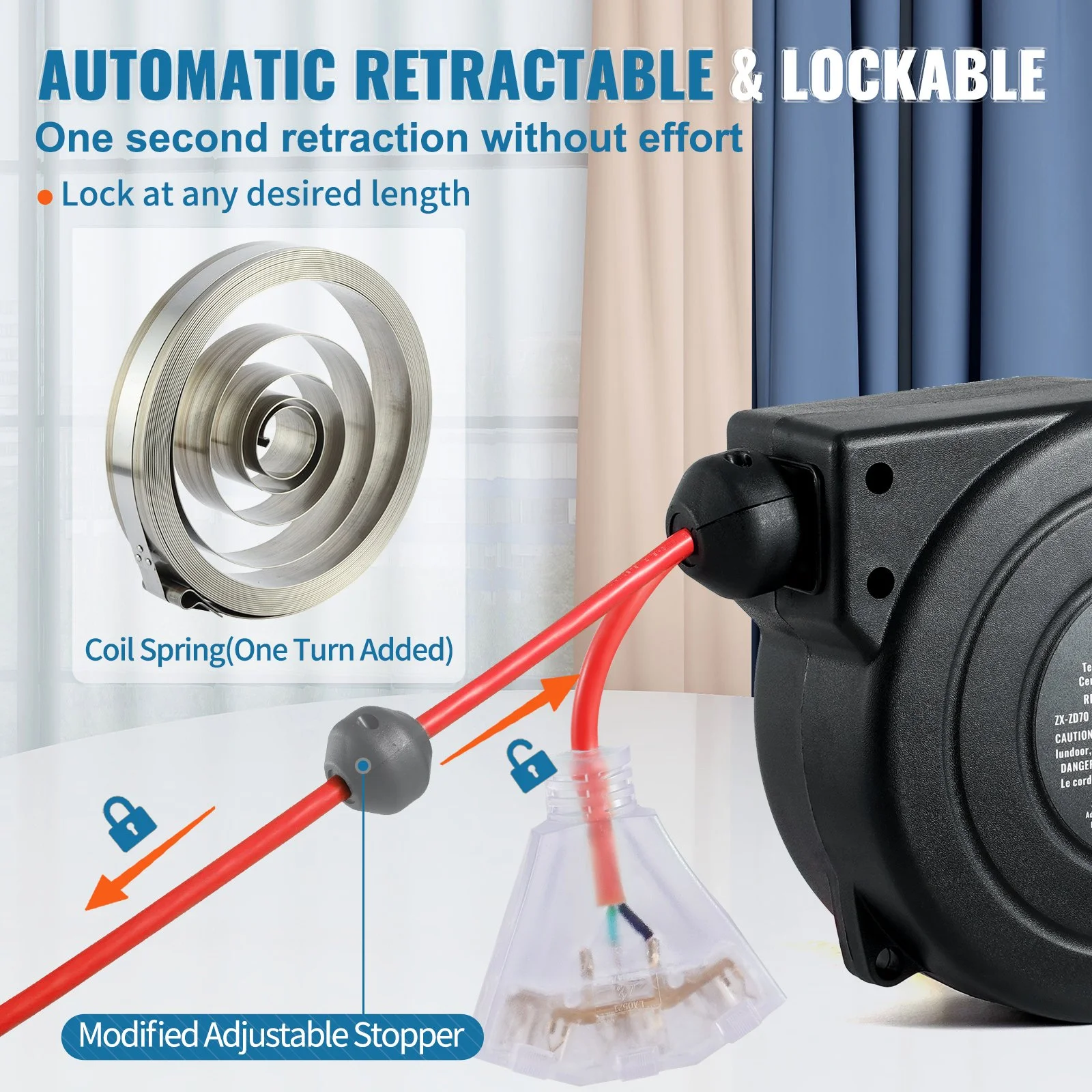 Retractable Extension Cord Reel, 30 FT, Heavy Duty 16AWG/3C SJTOW Retractable Power Cord Reel with Lighted Triple Tap Outlet 10 Amp Circuit Breaker 4.5FT Lead-in Cord, for Ceiling or Wall Mount - Image 9