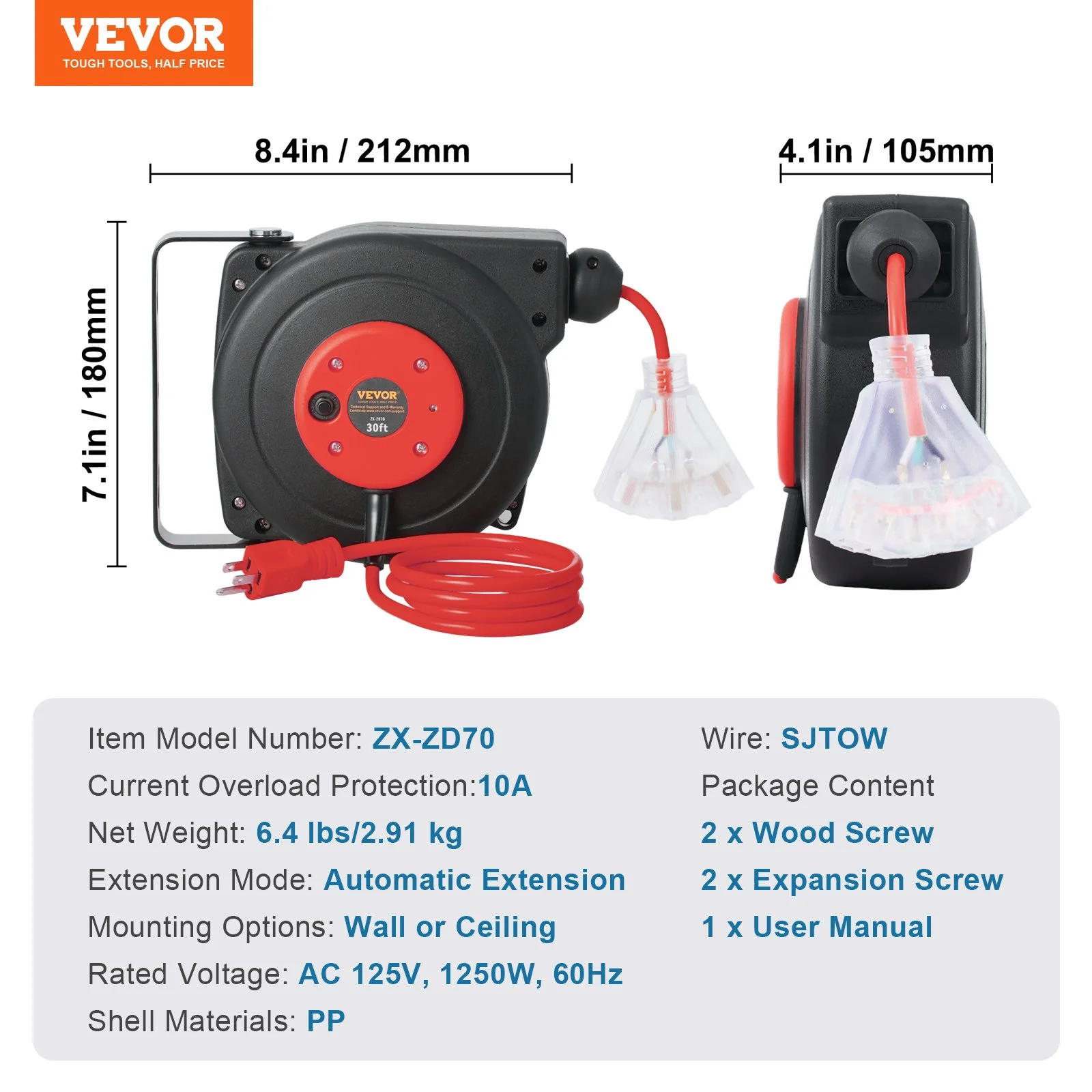 Retractable Extension Cord Reel, 30 FT, Heavy Duty 16AWG/3C SJTOW Retractable Power Cord Reel with Lighted Triple Tap Outlet 10 Amp Circuit Breaker 4.5FT Lead-in Cord, for Ceiling or Wall Mount - Image 11