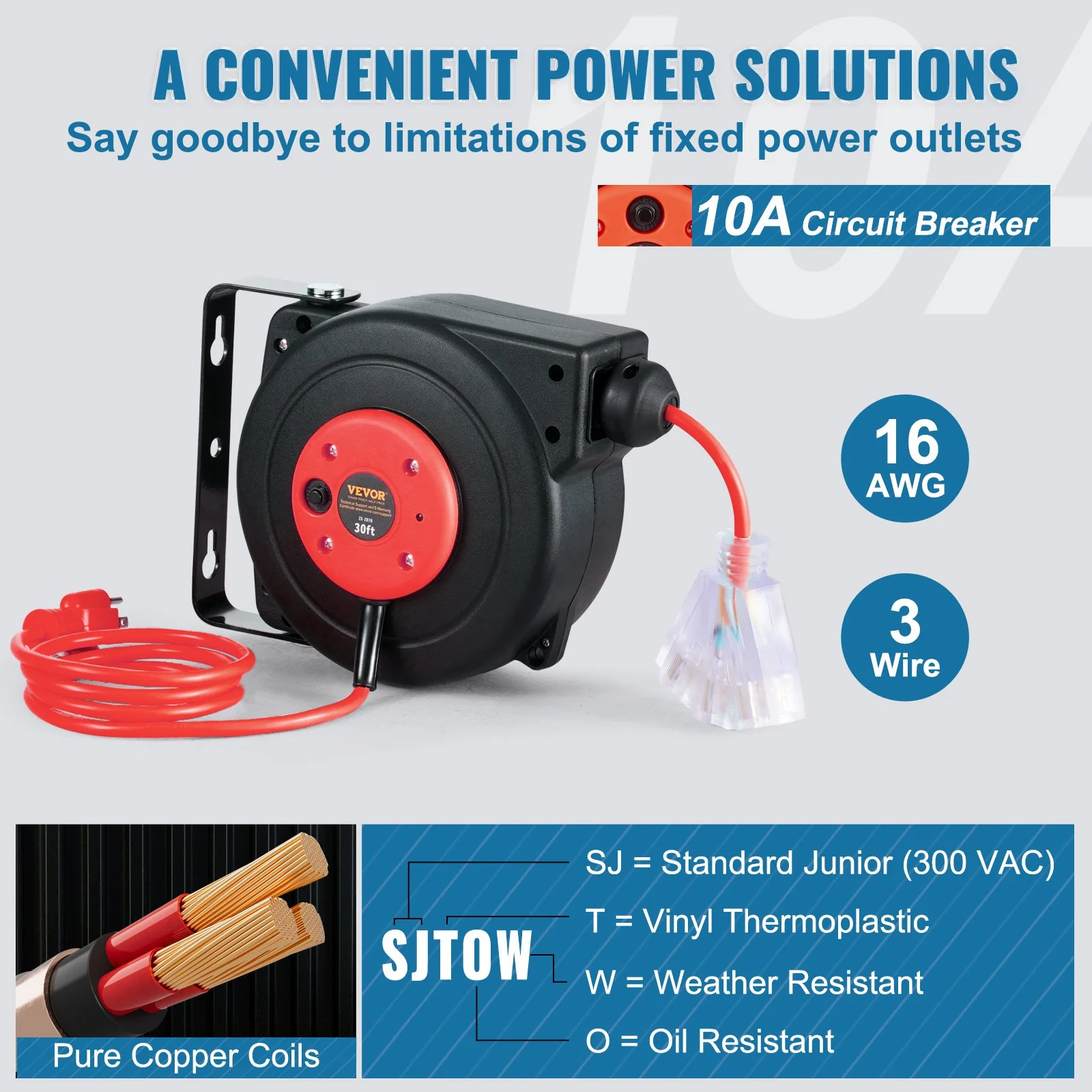 Retractable Extension Cord Reel, 30 FT, Heavy Duty 16AWG/3C SJTOW Retractable Power Cord Reel with Lighted Triple Tap Outlet 10 Amp Circuit Breaker 4.5FT Lead-in Cord, for Ceiling or Wall Mount - Image 8