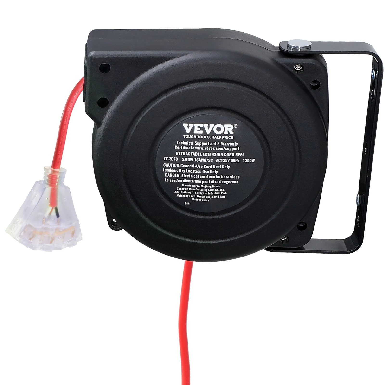 Retractable Extension Cord Reel, 30 FT, Heavy Duty 16AWG/3C SJTOW Retractable Power Cord Reel with Lighted Triple Tap Outlet 10 Amp Circuit Breaker 4.5FT Lead-in Cord, for Ceiling or Wall Mount - Image 4