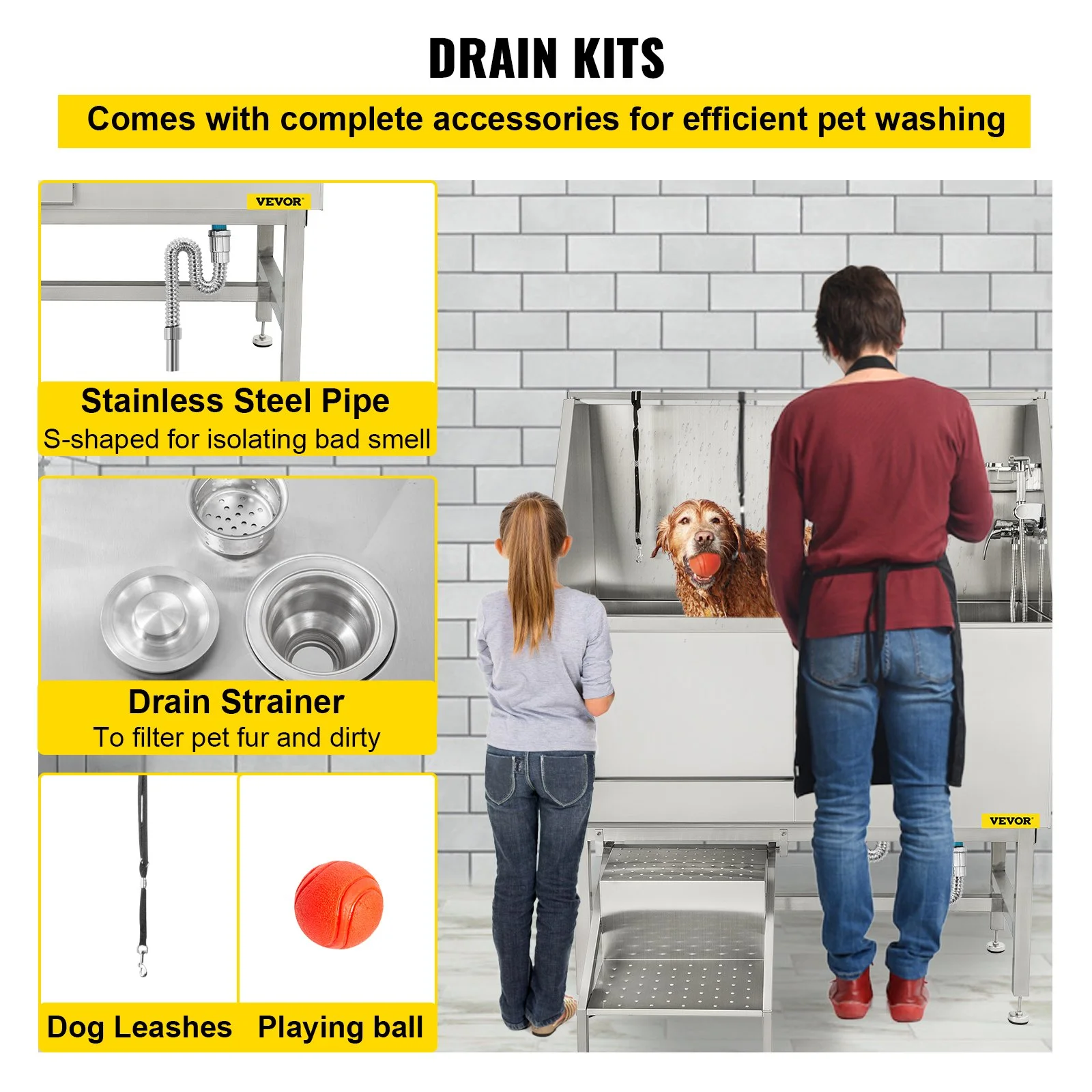 50 Inch Dog Grooming Tub, Professional Stainless Steel Pet Dog Bath Tub, with Steps Faucet & Accessories Dog Washing Station Left Door - Image 3