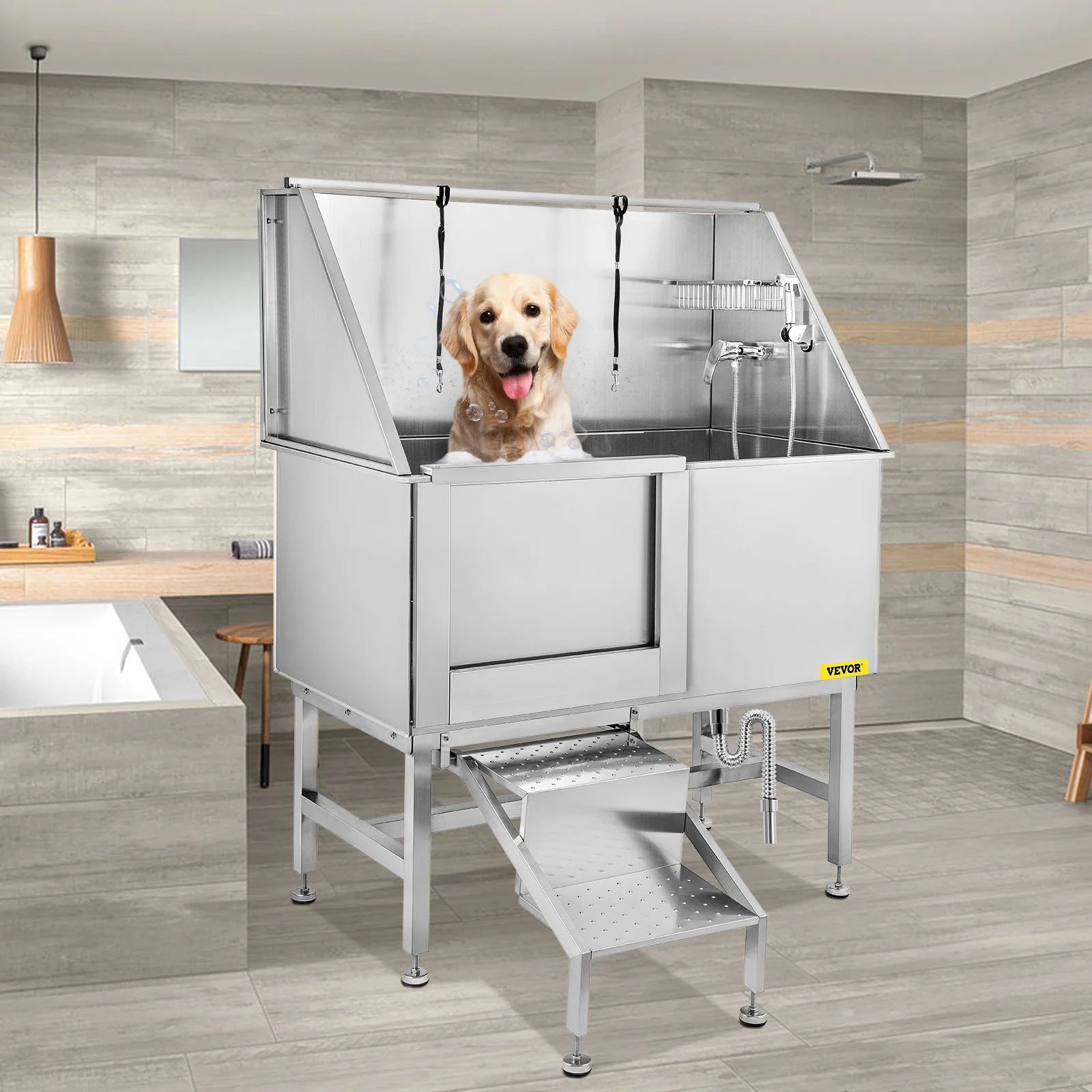 50 Inch Dog Grooming Tub, Professional Stainless Steel Pet Dog Bath Tub, with Steps Faucet & Accessories Dog Washing Station Left Door - Image 5