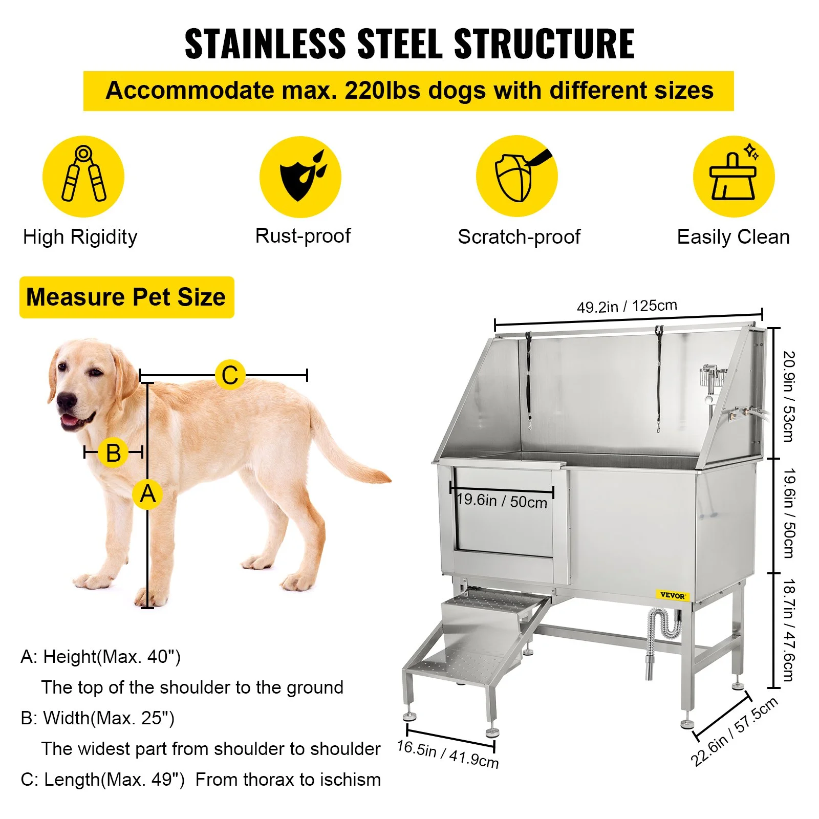 50 Inch Dog Grooming Tub, Professional Stainless Steel Pet Dog Bath Tub, with Steps Faucet & Accessories Dog Washing Station Left Door - Image 11