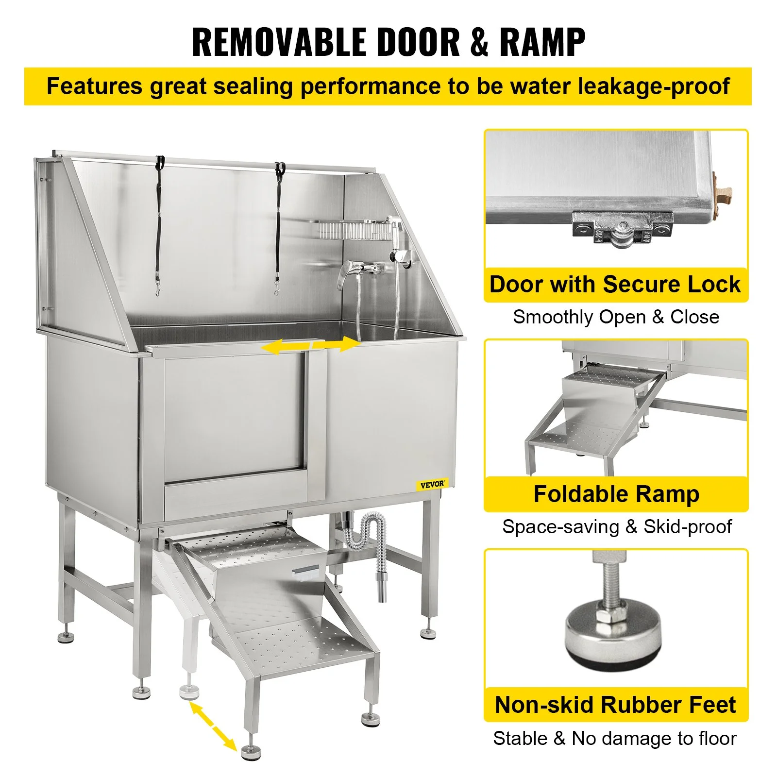 50 Inch Dog Grooming Tub, Professional Stainless Steel Pet Dog Bath Tub, with Steps Faucet & Accessories Dog Washing Station Left Door - Image 12