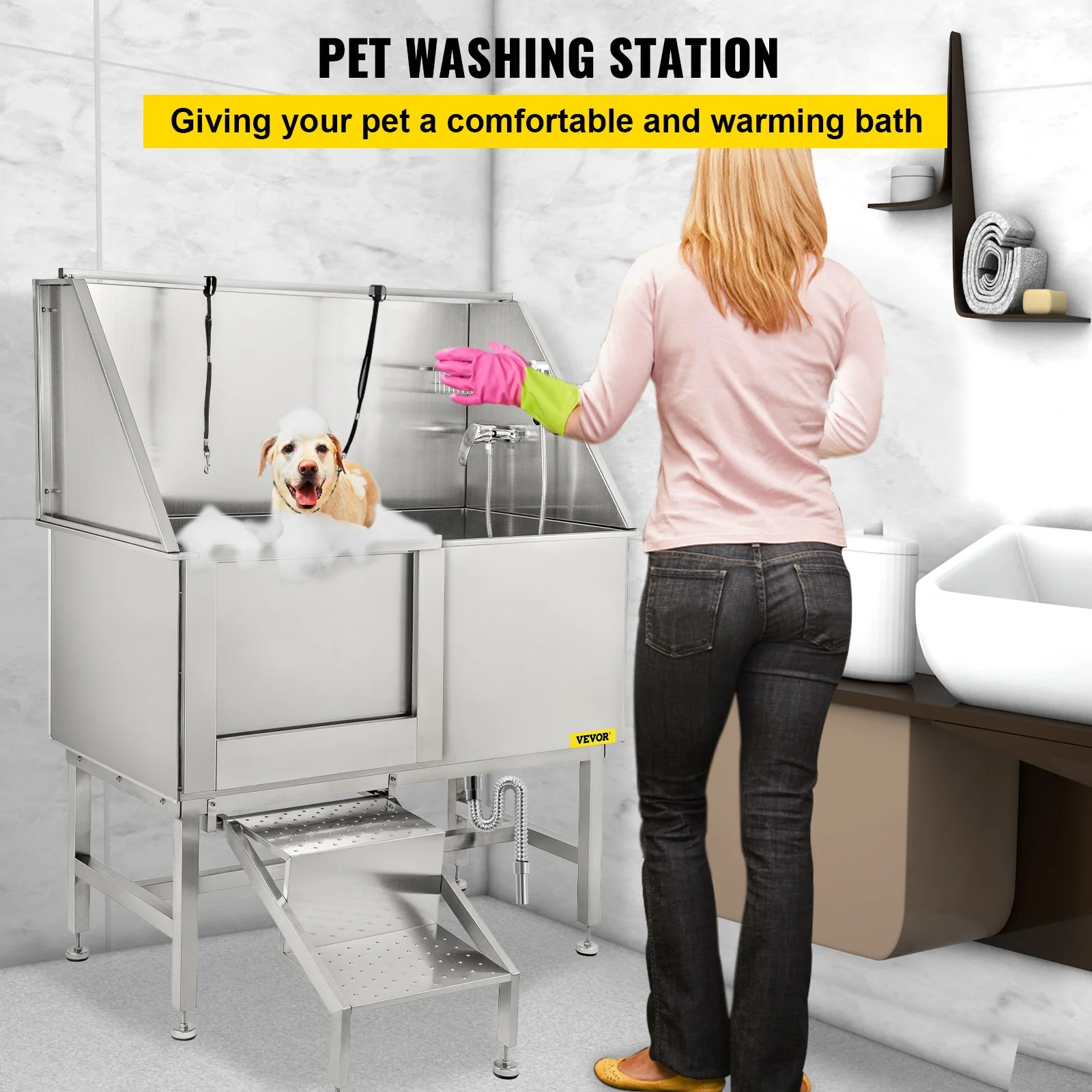 50 Inch Dog Grooming Tub, Professional Stainless Steel Pet Dog Bath Tub, with Steps Faucet & Accessories Dog Washing Station Left Door - Image 10